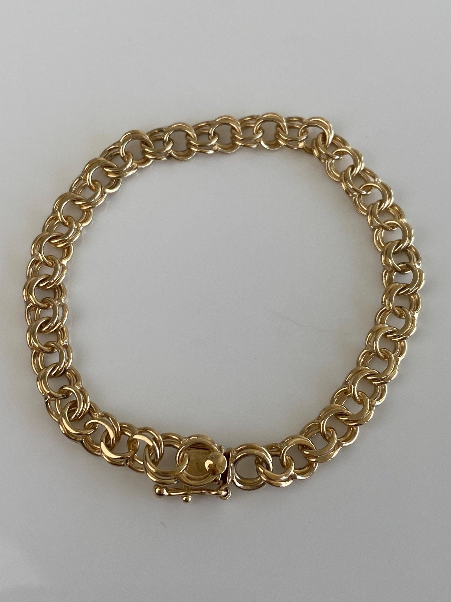 Vintage Solid 14k Yellow Gold Double Link Charm Bracelet - 7.25 inches