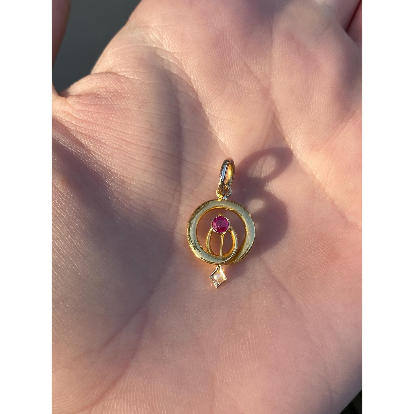 Vintage Solid 18k Yellow Gold Pink Sapphire Seed Pearl Stick Pin Conversion Charm