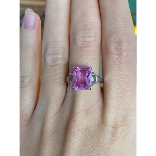 Vintage Solid 14k White Gold Pink Clear Sapphire Ring - Size 7
