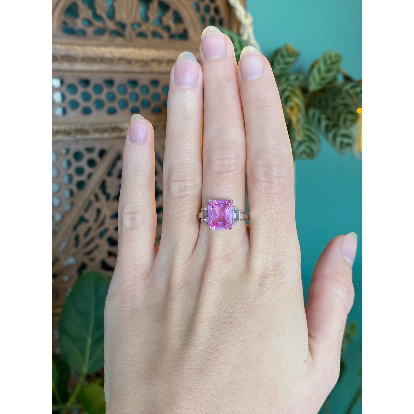 Vintage Solid 14k White Gold Pink Clear Sapphire Ring - Size 7
