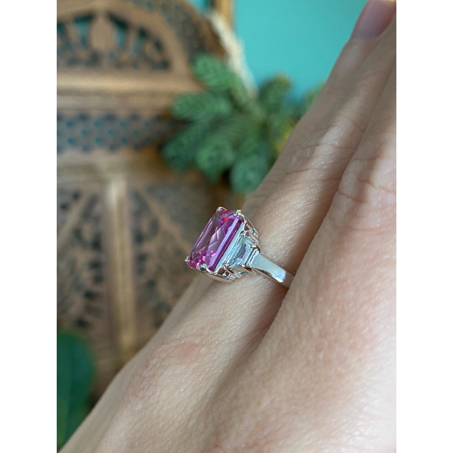 Vintage Solid 14k White Gold Pink Clear Sapphire Ring - Size 7