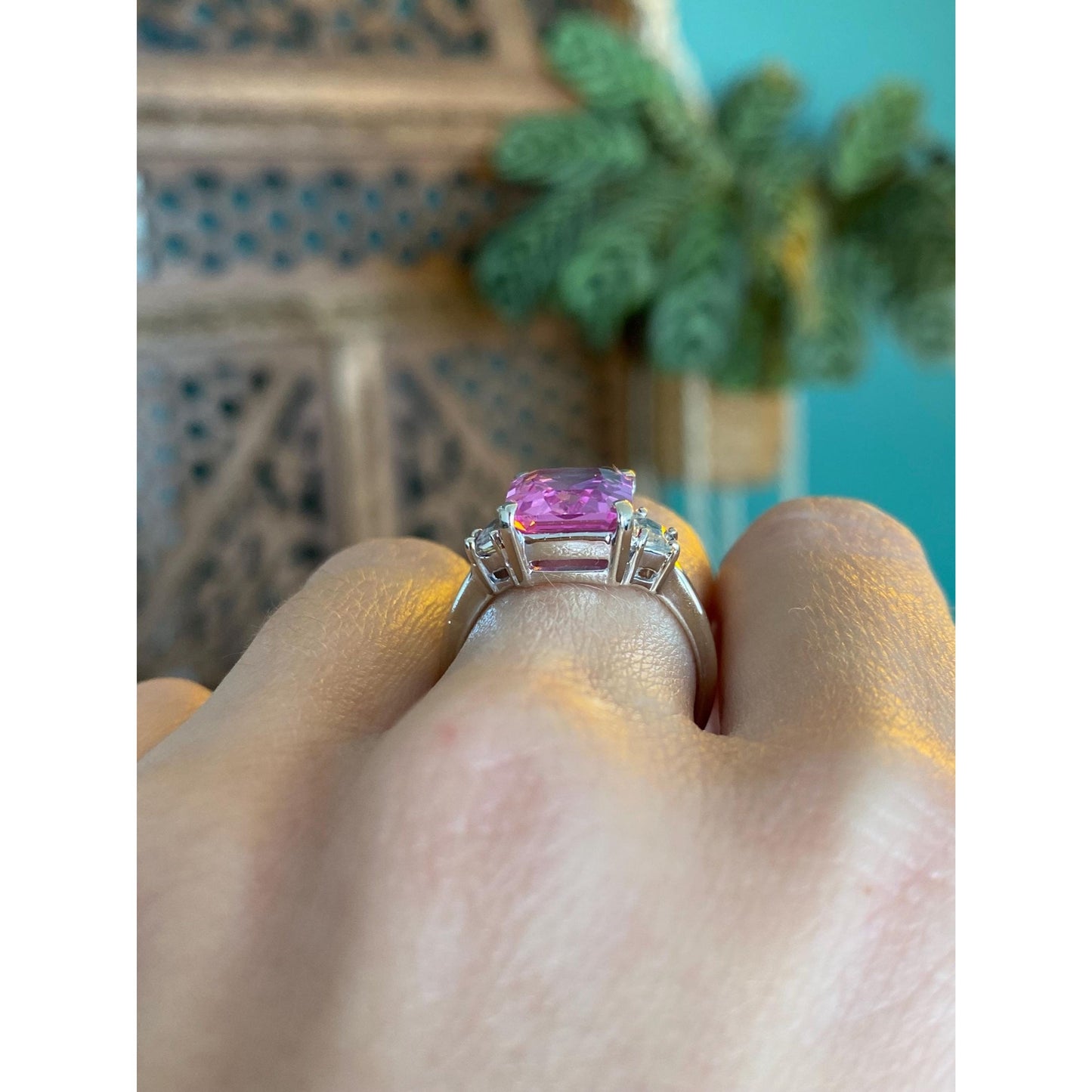 Vintage Solid 14k White Gold Pink Clear Sapphire Ring - Size 7