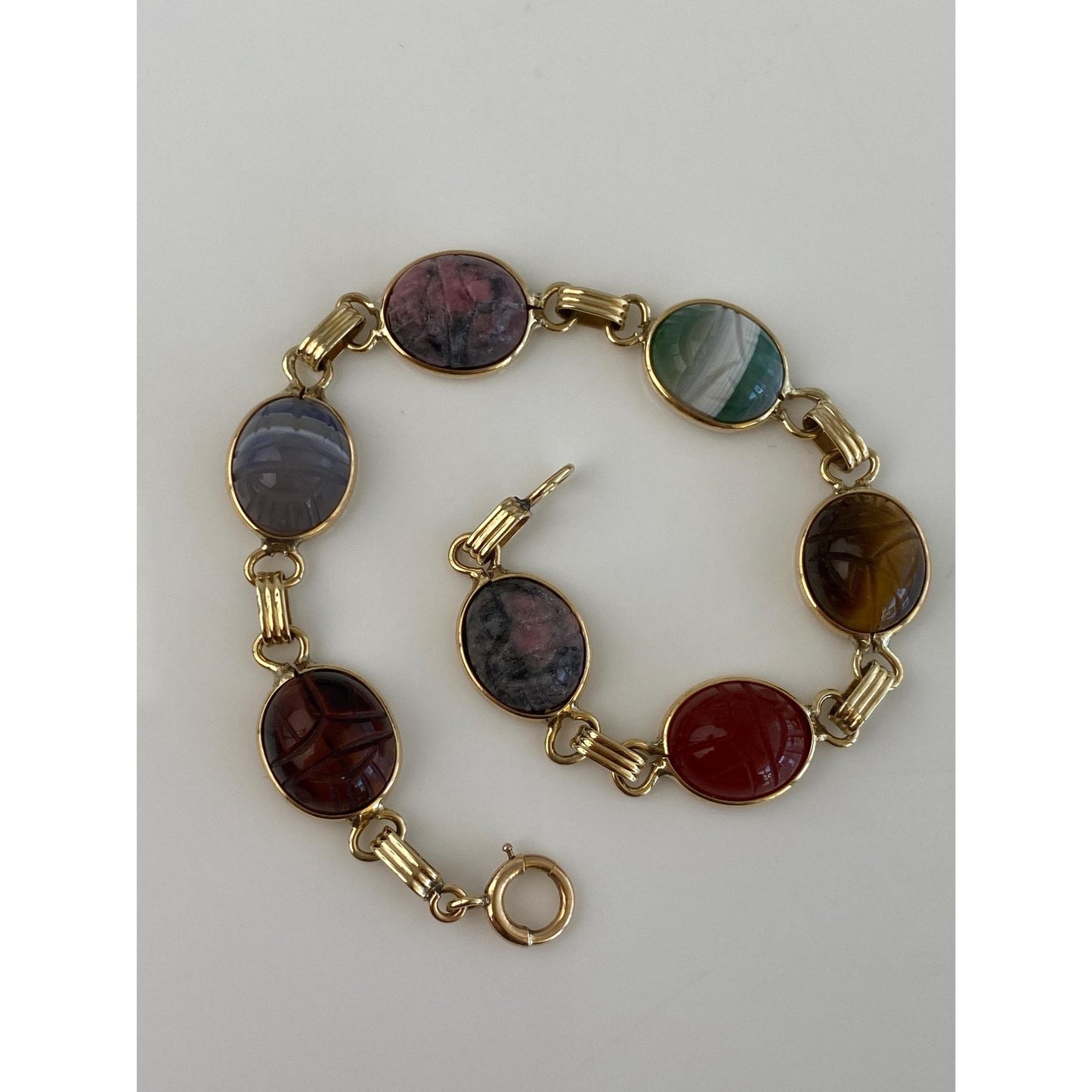 Solid 14k Yellow Gold Carved Tigers Eye Carnelian Agate Rhodolite Scarab Link Bracelet - 7.75 inches