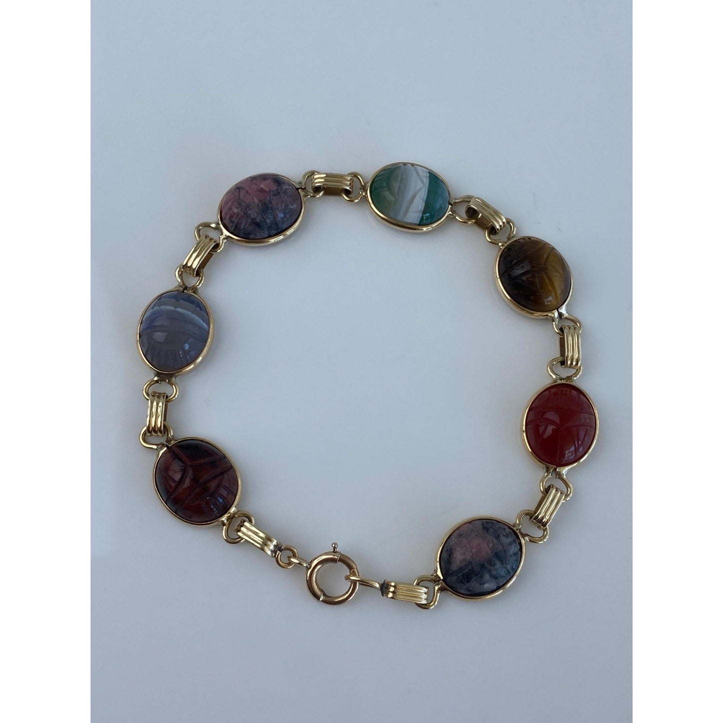 Solid 14k Yellow Gold Carved Tigers Eye Carnelian Agate Rhodolite Scarab Link Bracelet - 7.75 inches