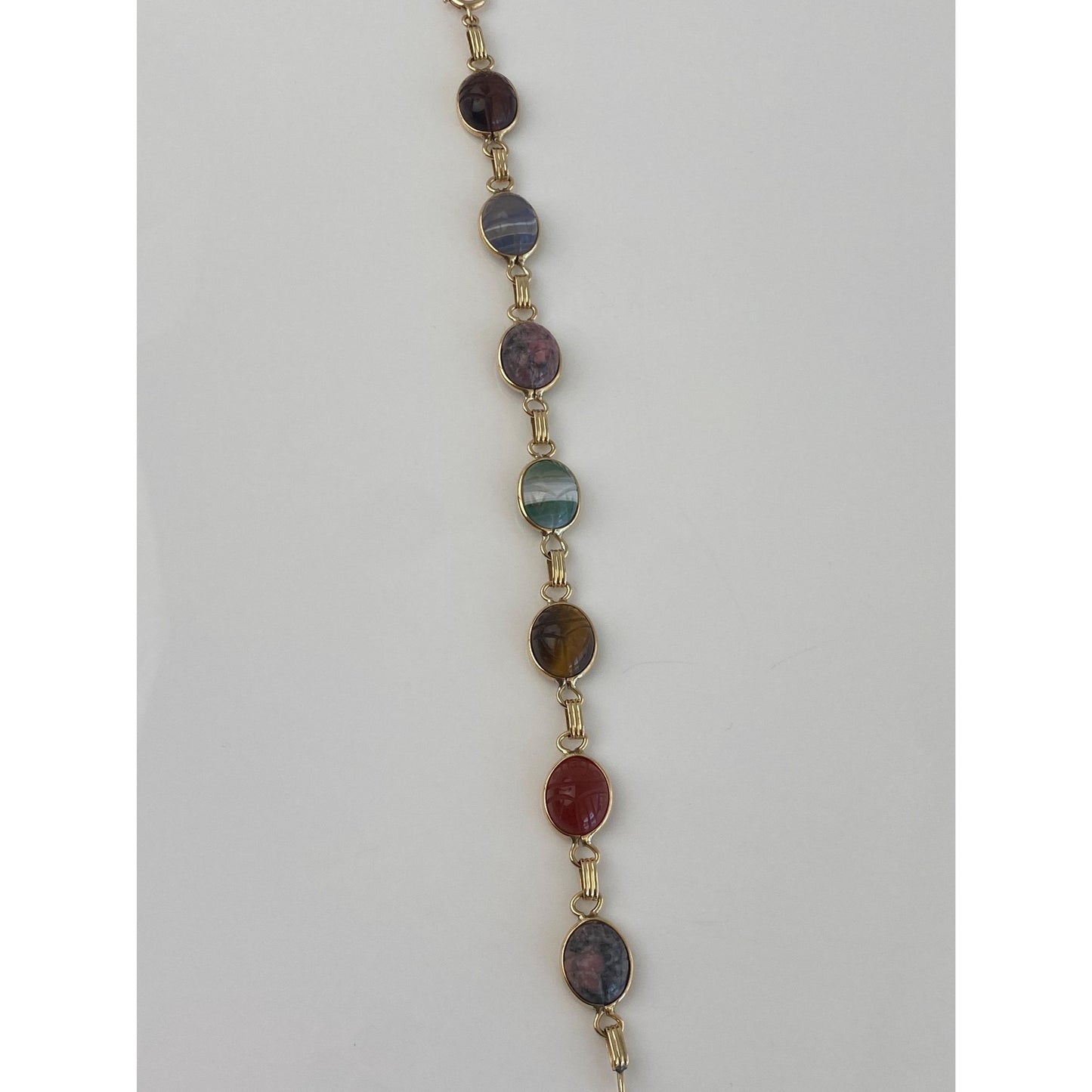 Solid 14k Yellow Gold Carved Tigers Eye Carnelian Agate Rhodolite Scarab Link Bracelet - 7.75 inches