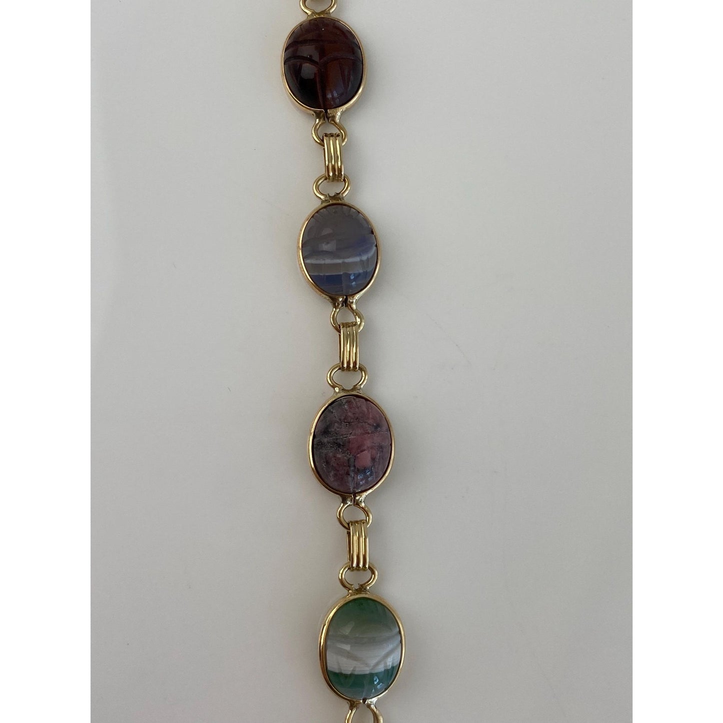 Solid 14k Yellow Gold Carved Tigers Eye Carnelian Agate Rhodolite Scarab Link Bracelet - 7.75 inches