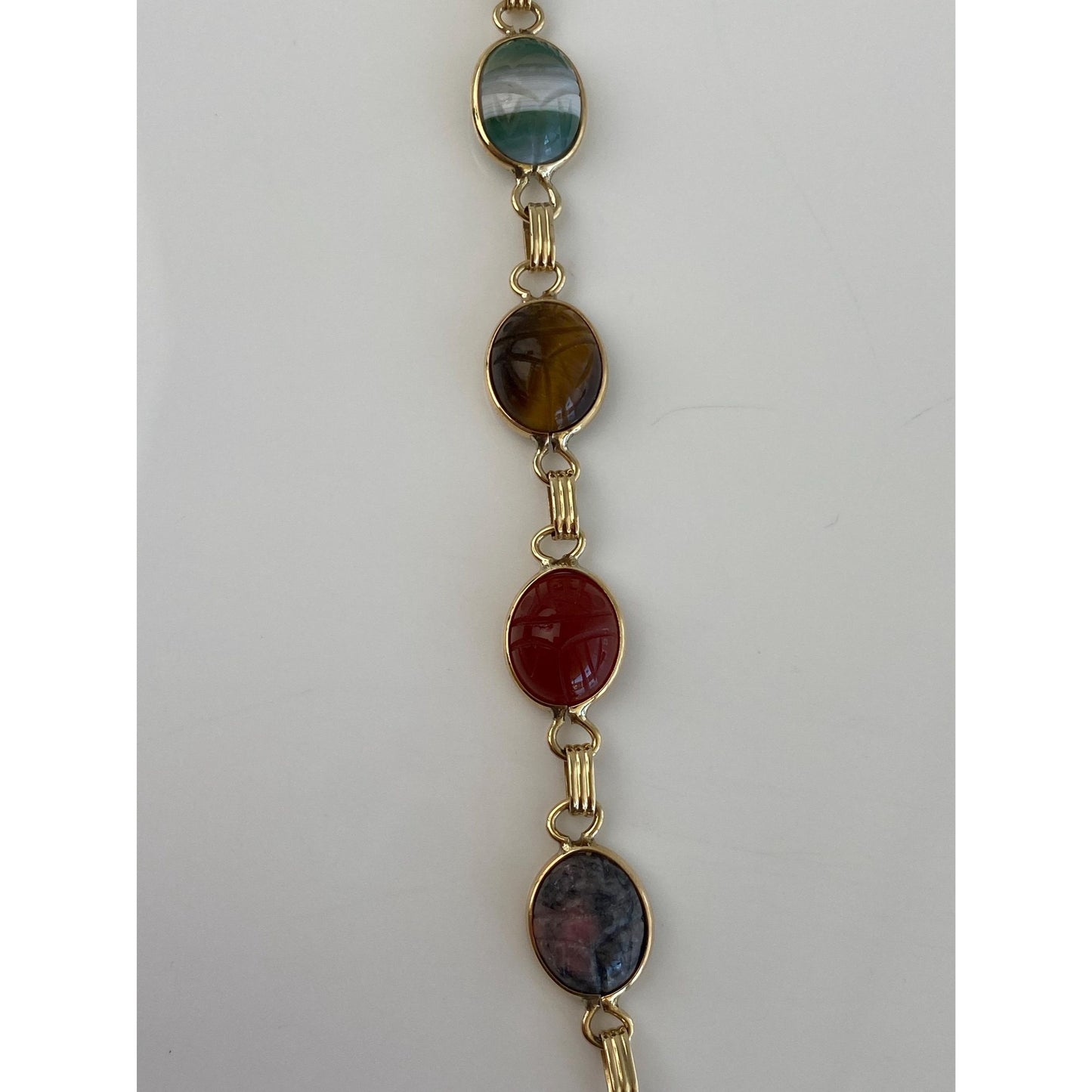 Solid 14k Yellow Gold Carved Tigers Eye Carnelian Agate Rhodolite Scarab Link Bracelet - 7.75 inches