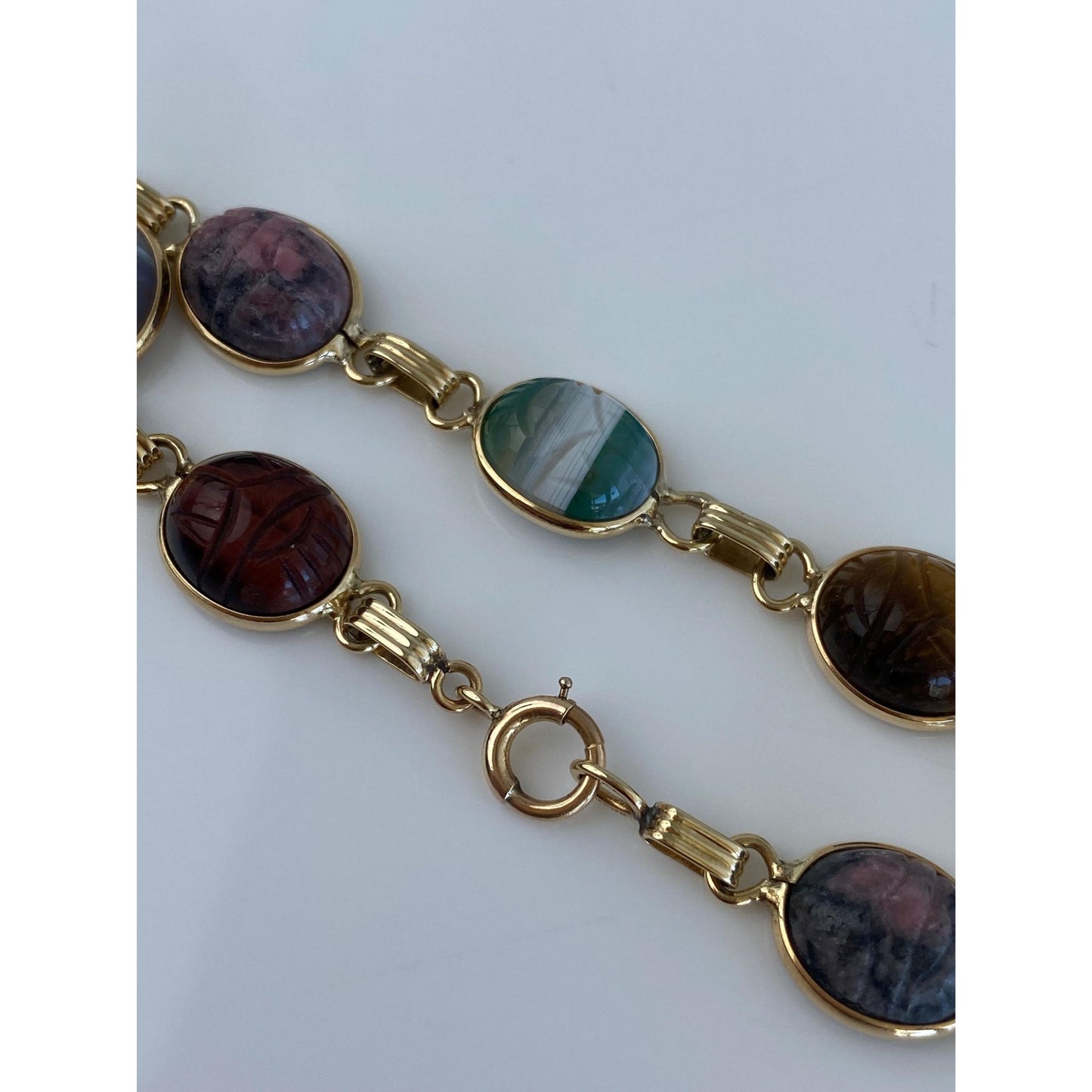 Solid 14k Yellow Gold Carved Tigers Eye Carnelian Agate Rhodolite Scarab Link Bracelet - 7.75 inches