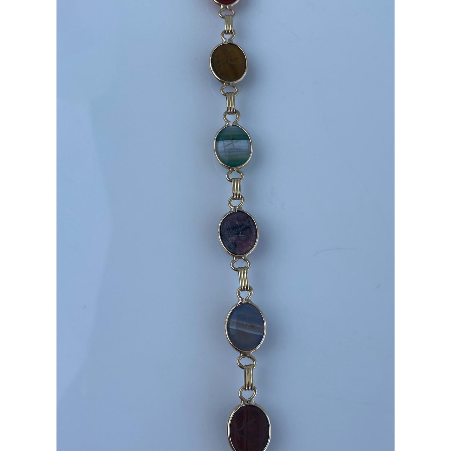 Solid 14k Yellow Gold Carved Tigers Eye Carnelian Agate Rhodolite Scarab Link Bracelet - 7.75 inches