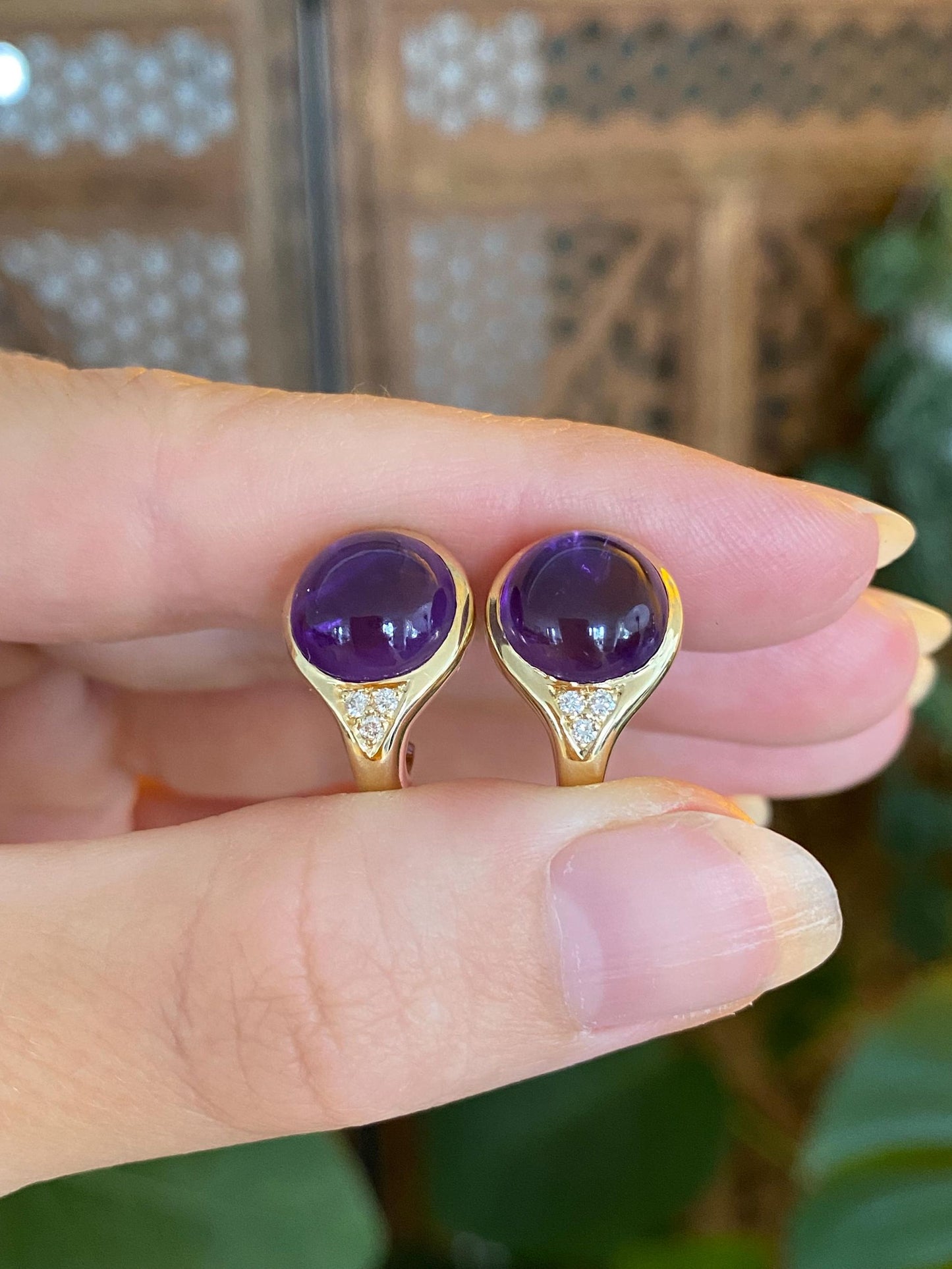 Vintage Solid 14k Yellow Gold Amethyst Cabochon Diamonds Drop Earrings