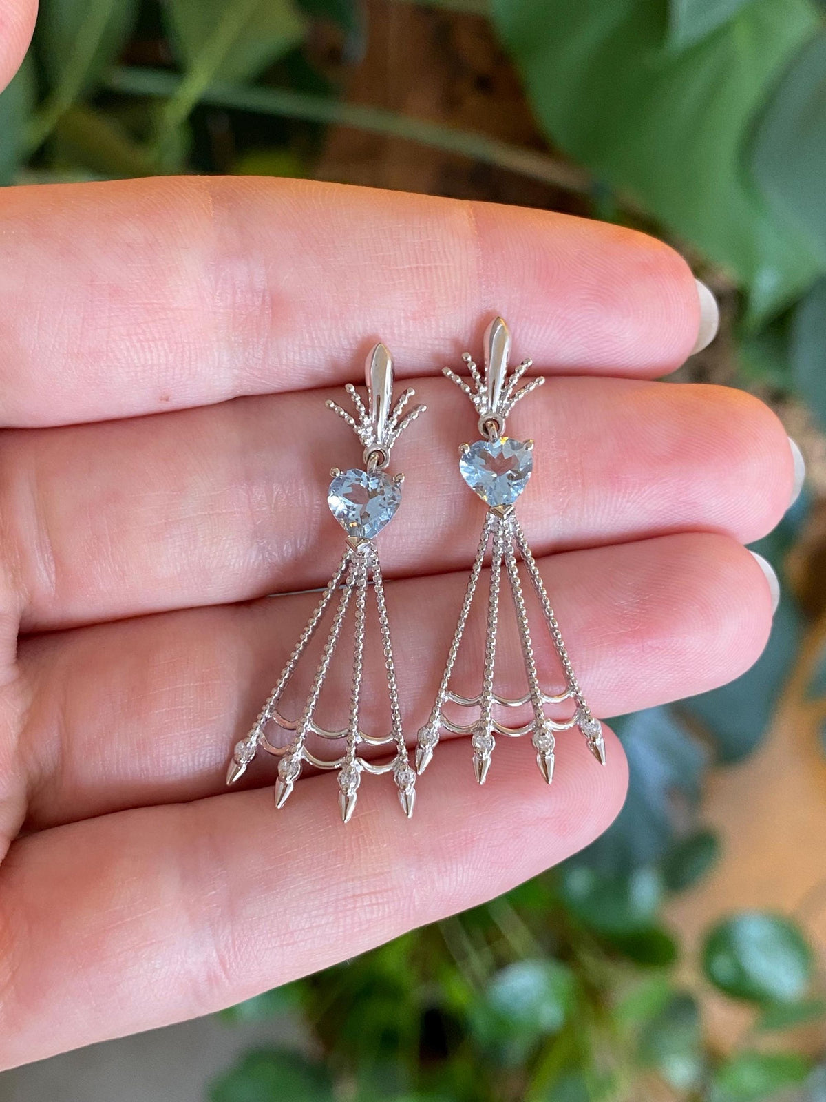 Vintage Solid 14k White Gold Diamond Aquamarine Dangle Stud Earrings