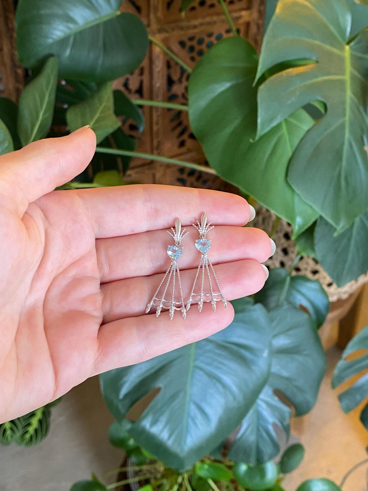 Vintage Solid 14k White Gold Diamond Aquamarine Dangle Stud Earrings