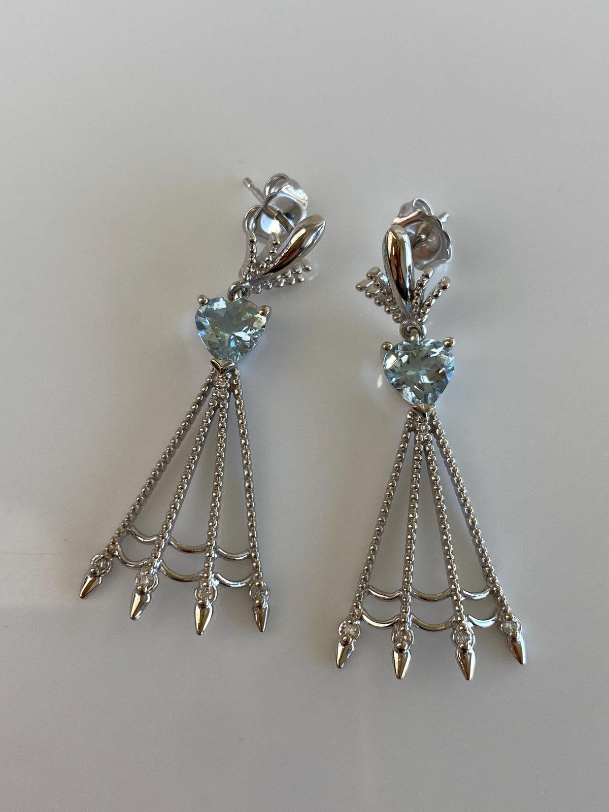 Vintage Solid 14k White Gold Diamond Aquamarine Dangle Stud Earrings