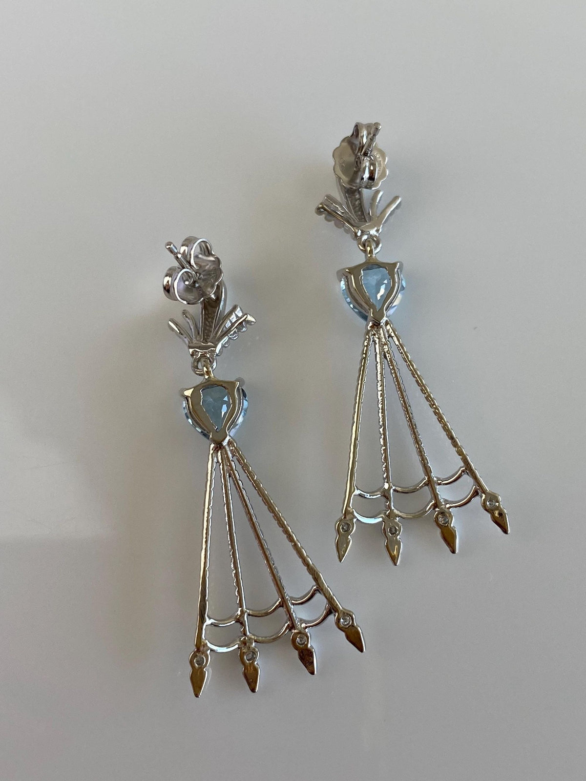 Vintage Solid 14k White Gold Diamond Aquamarine Dangle Stud Earrings