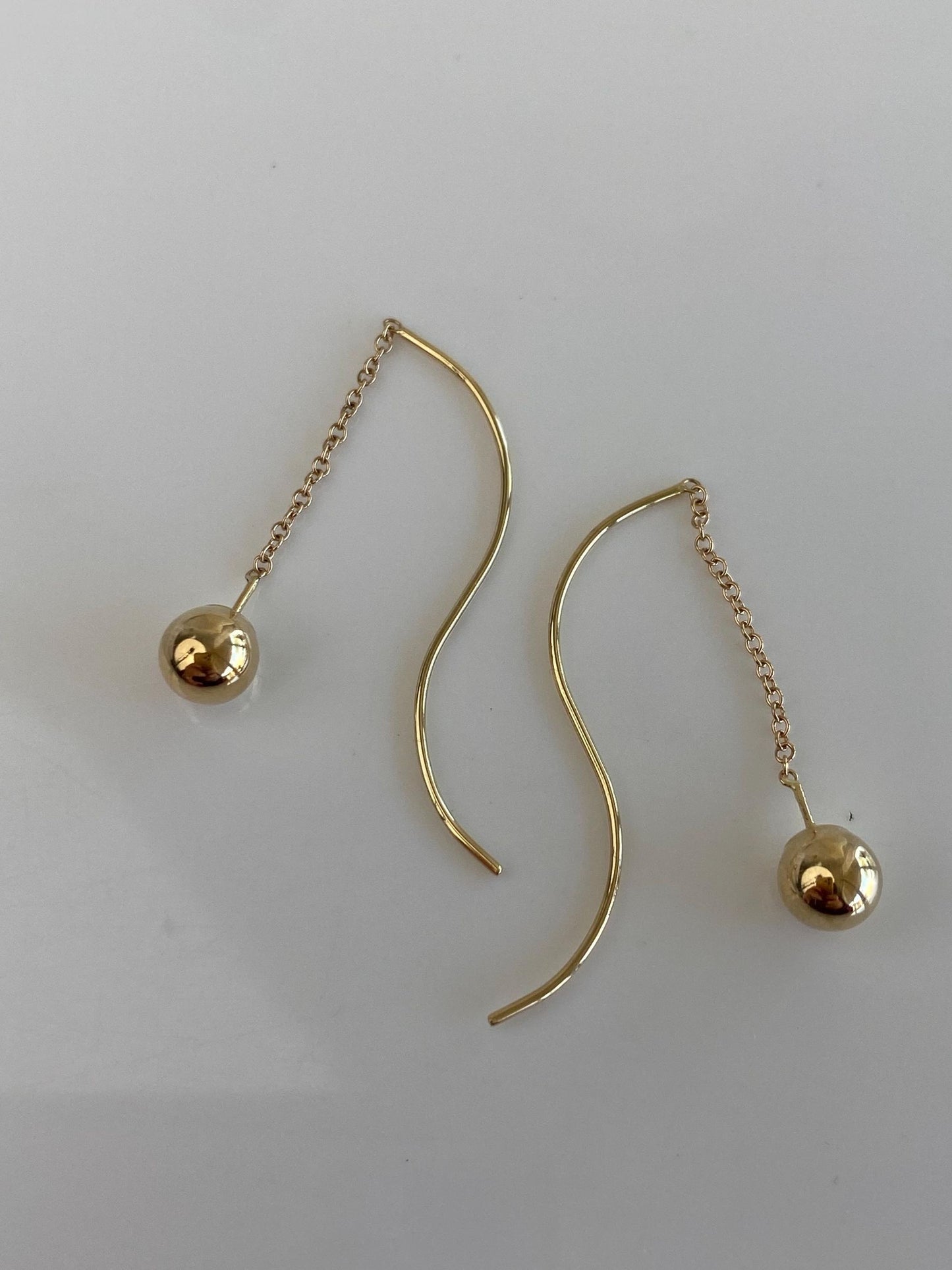 Vintage 14k Yellow Gold Ball Dainty Rolo Chain Threader Earrings