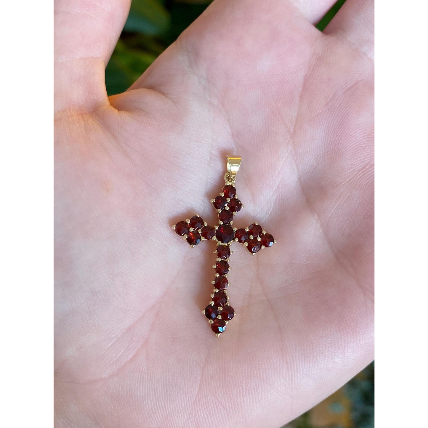 Vintage Solid 14k Yellow Gold Garnet Cross Charm