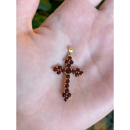 Vintage Solid 14k Yellow Gold Garnet Cross Charm