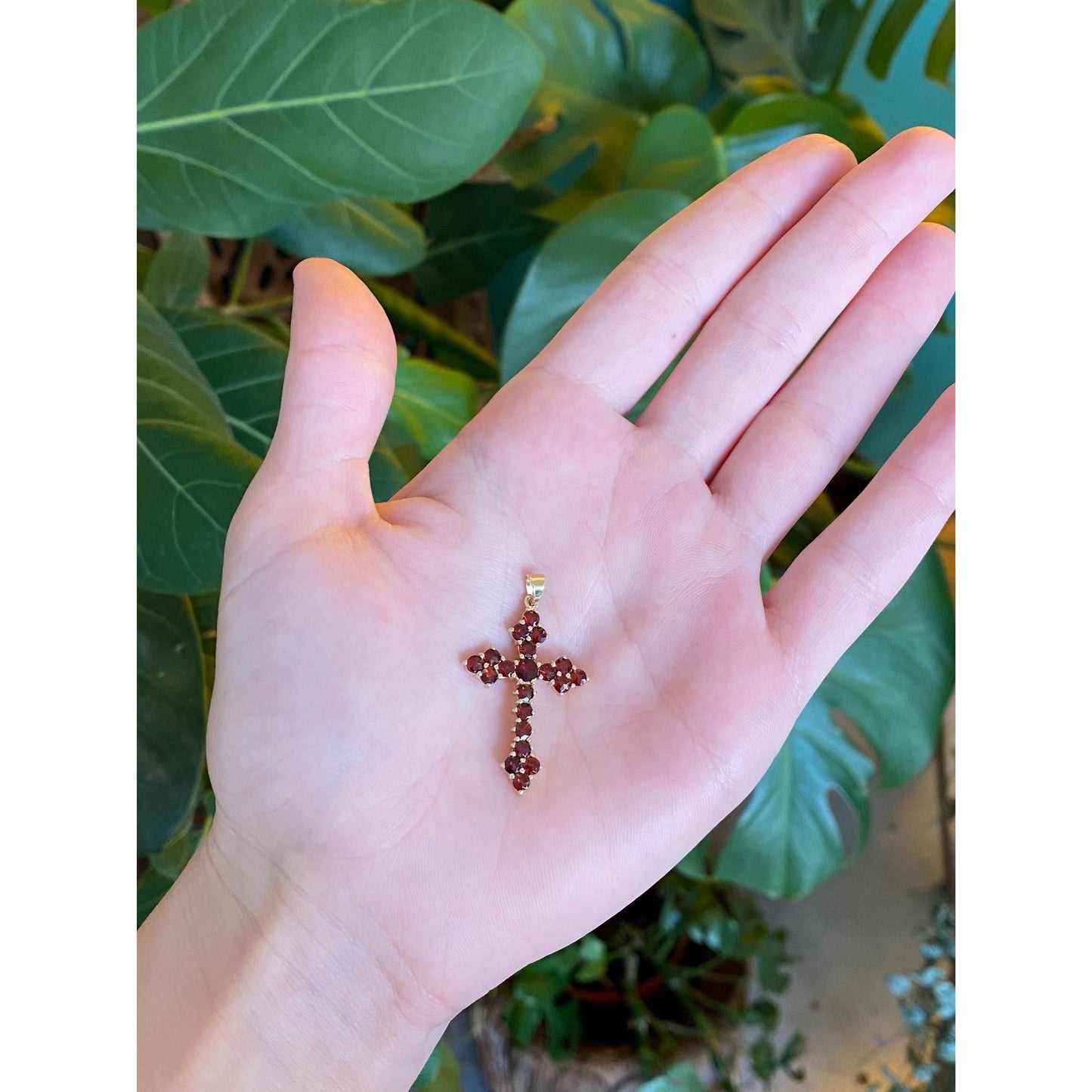 Vintage Solid 14k Yellow Gold Garnet Cross Charm