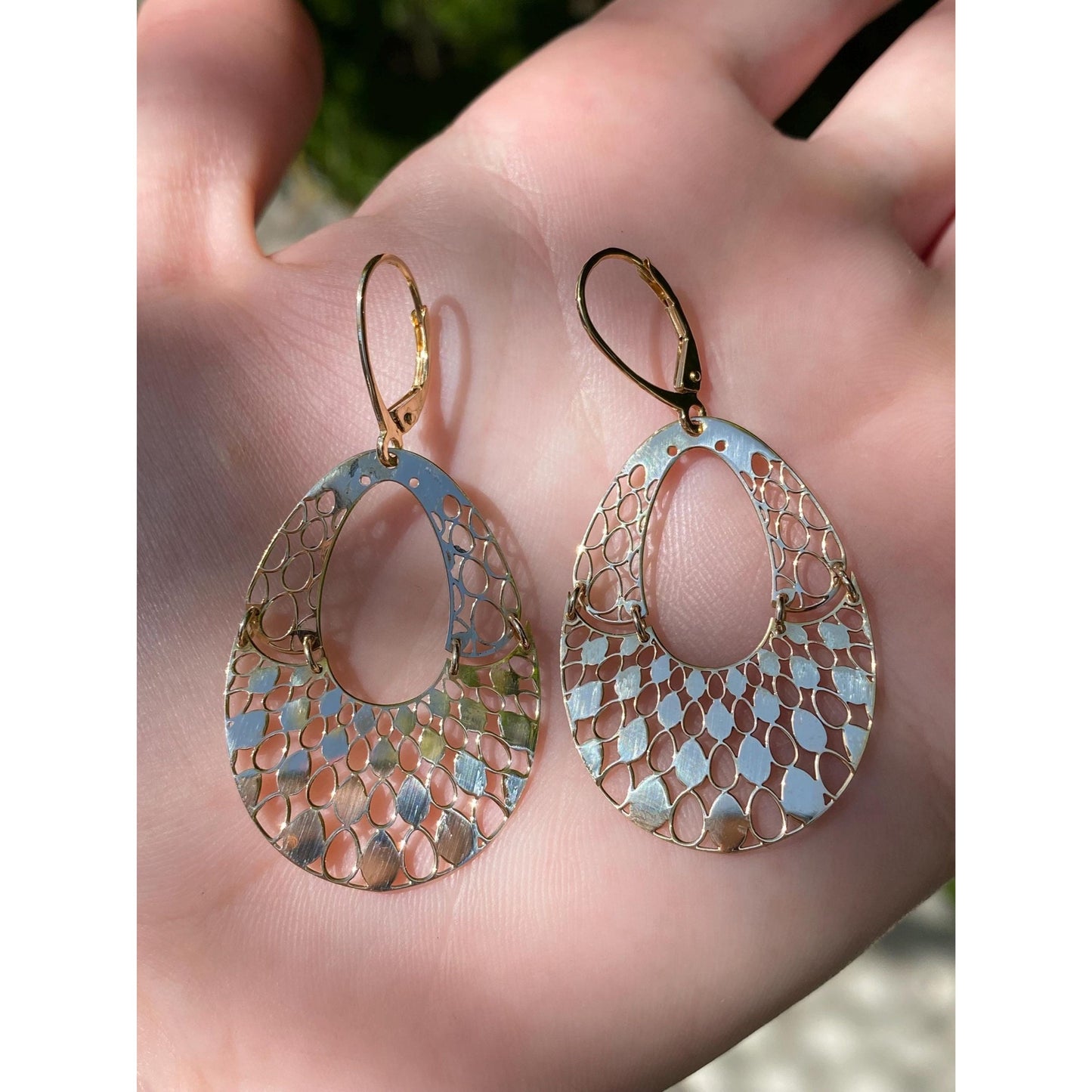 Vintage Solid 14k Yellow Gold Open Work Teardrop Dangle Earrings