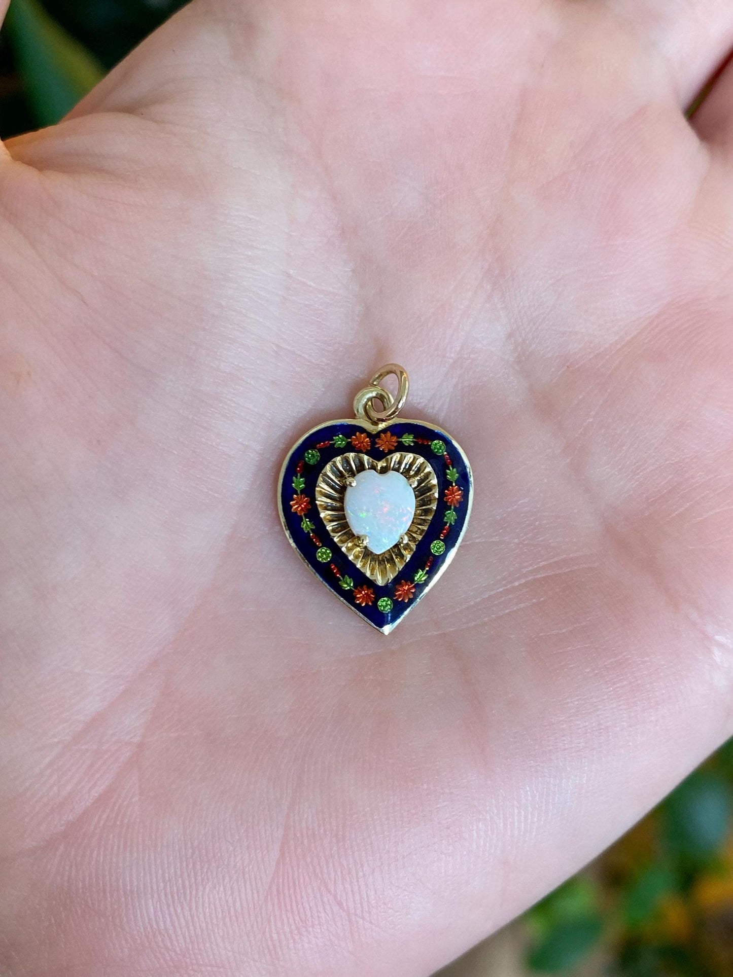 Vintage Solid 14k Yellow Gold Floral Enamel Opal Heart Charm