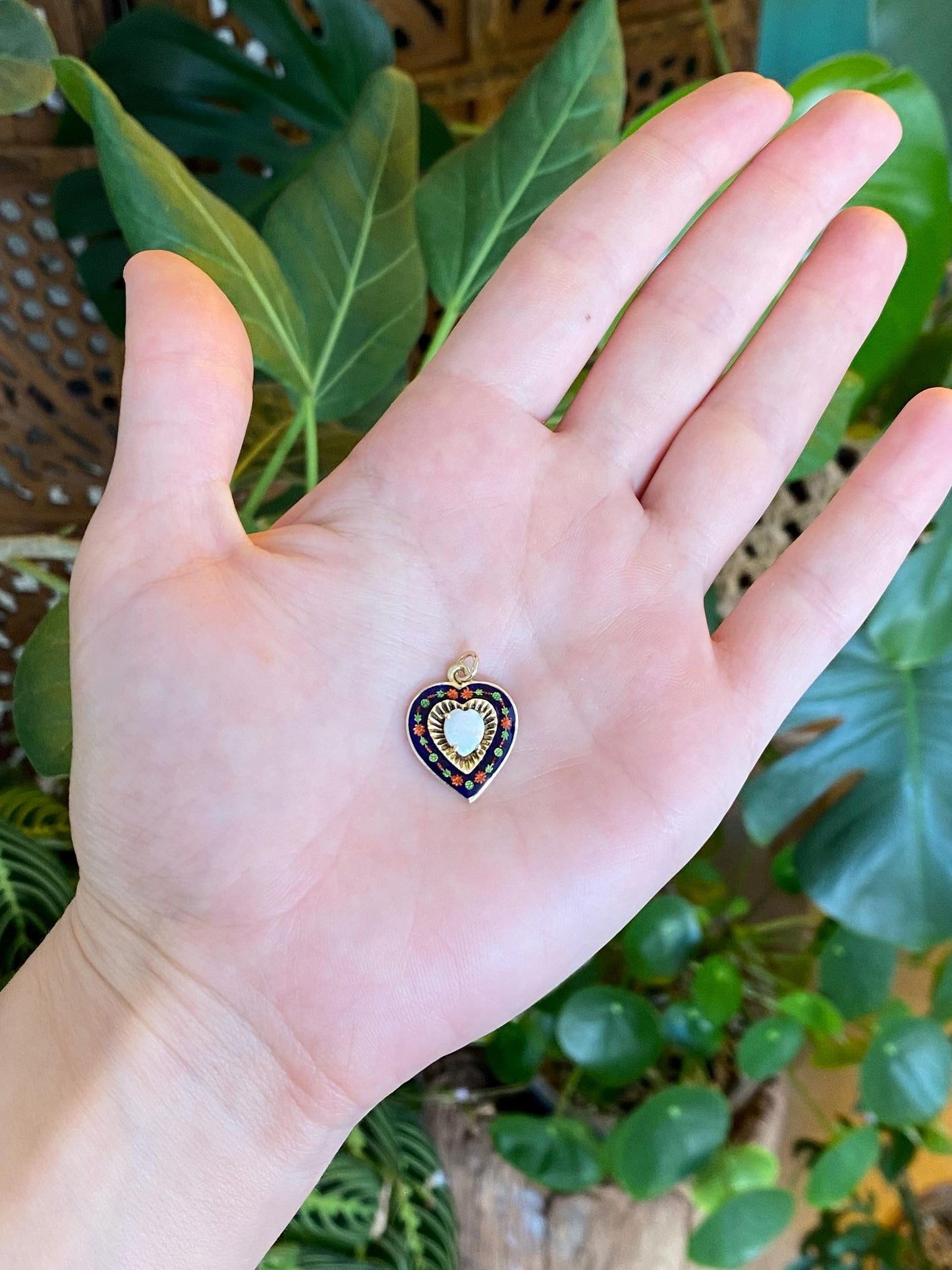 Vintage Solid 14k Yellow Gold Floral Enamel Opal Heart Charm