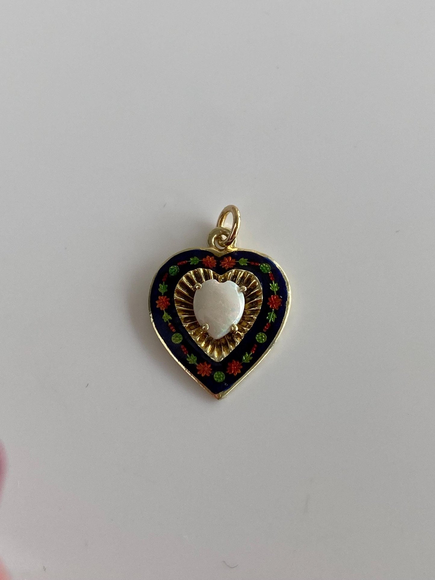Vintage Solid 14k Yellow Gold Floral Enamel Opal Heart Charm