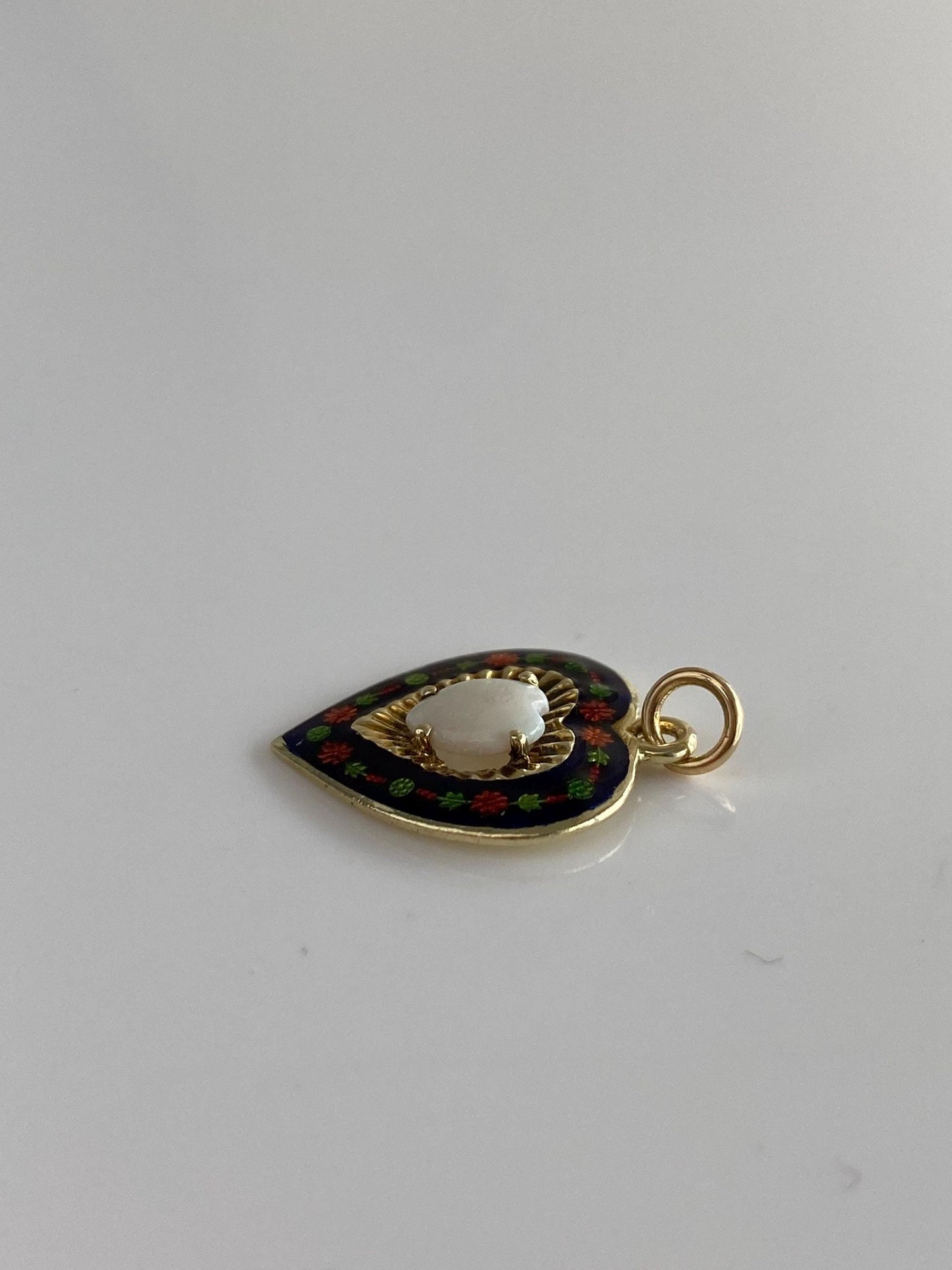Vintage Solid 14k Yellow Gold Floral Enamel Opal Heart Charm