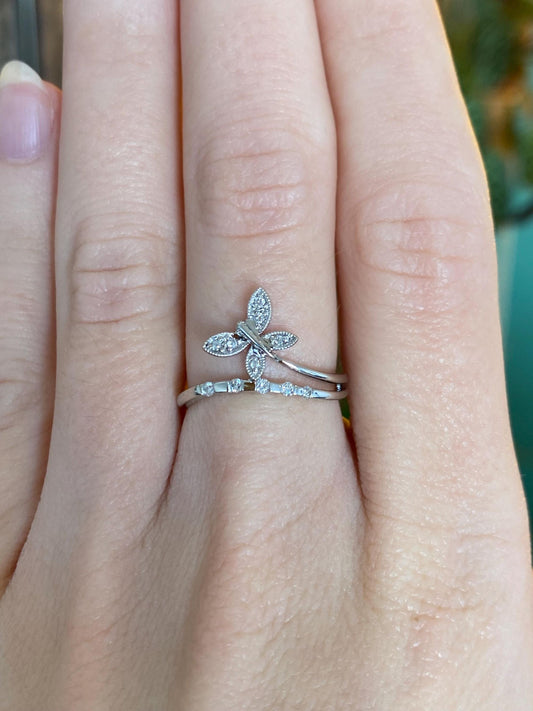 Vintage Solid 14k White Gold Diamond Butterfly Ring - Size 6.25