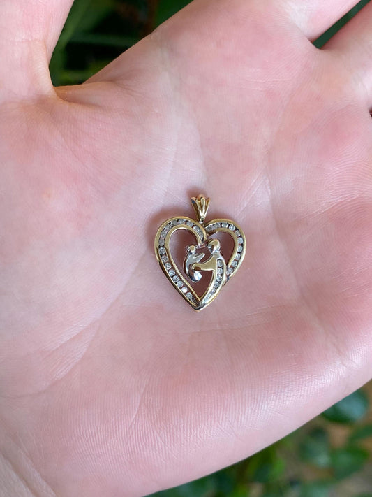 Vintage Solid 10k White & Yellow Gold Diamonds Abstract Family Heart Charm