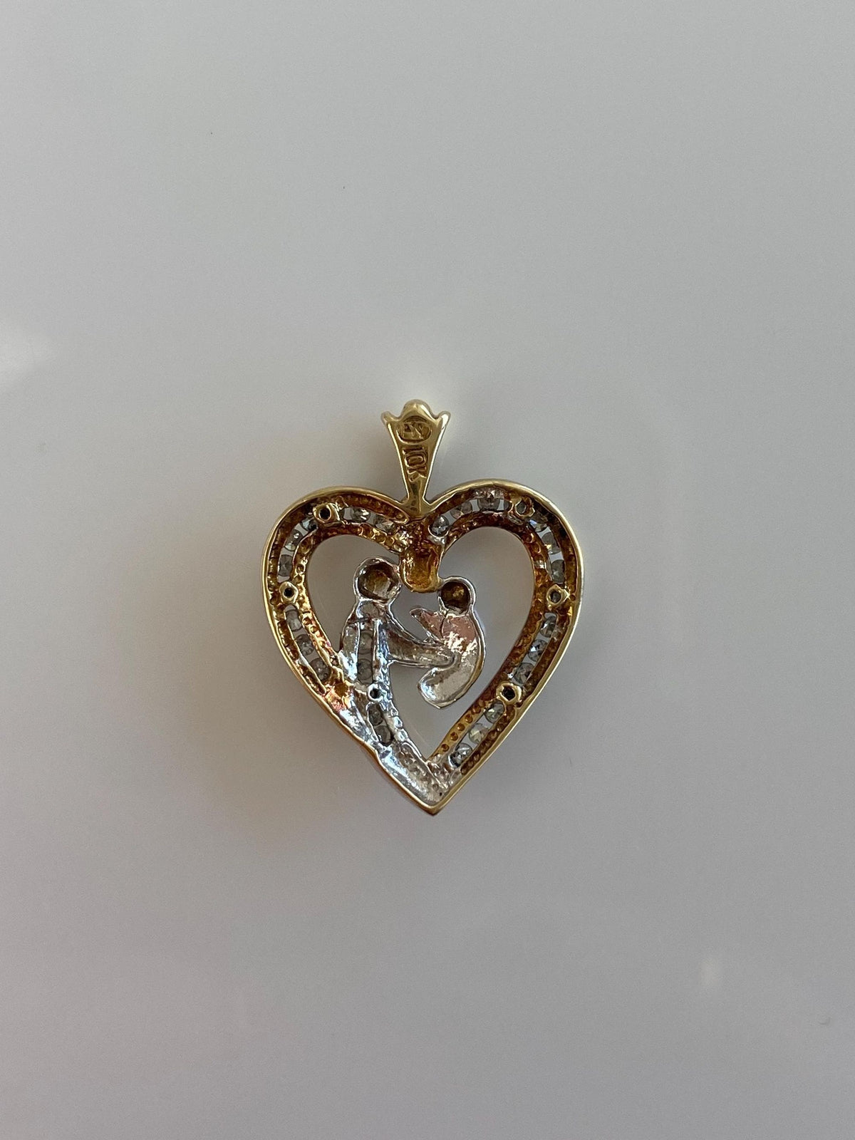 Vintage Solid 10k White & Yellow Gold Diamonds Abstract Family Heart Charm