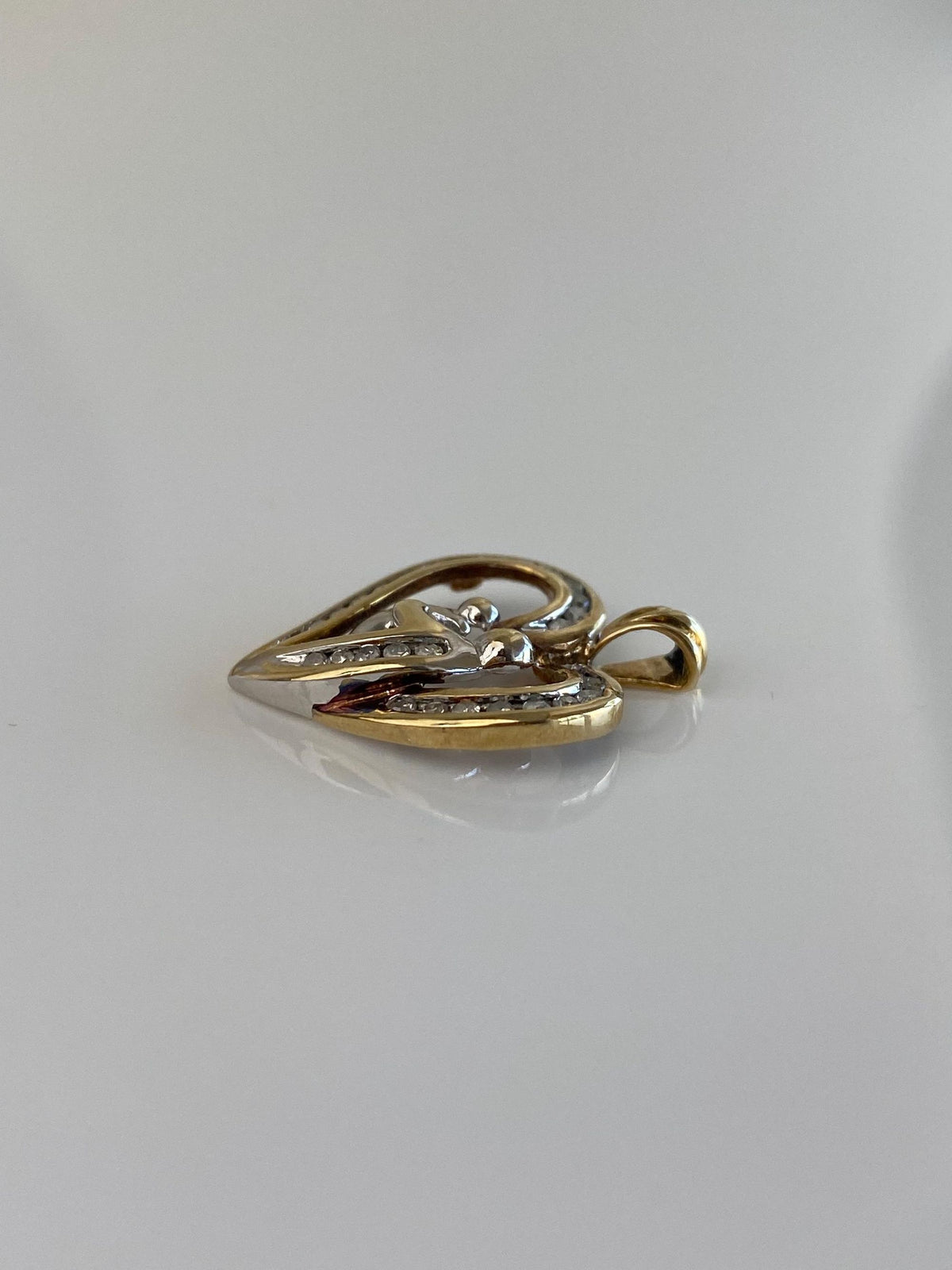 Vintage Solid 10k White & Yellow Gold Diamonds Abstract Family Heart Charm