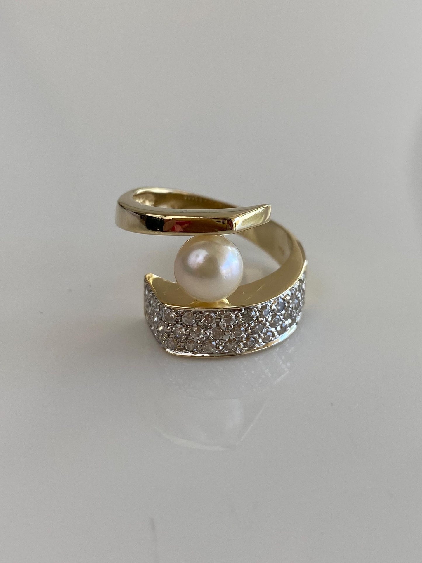 Vintage Solid 14k White & Yellow Gold Clear Cubic Zirconia Pearl Wrap Ring - Size 8