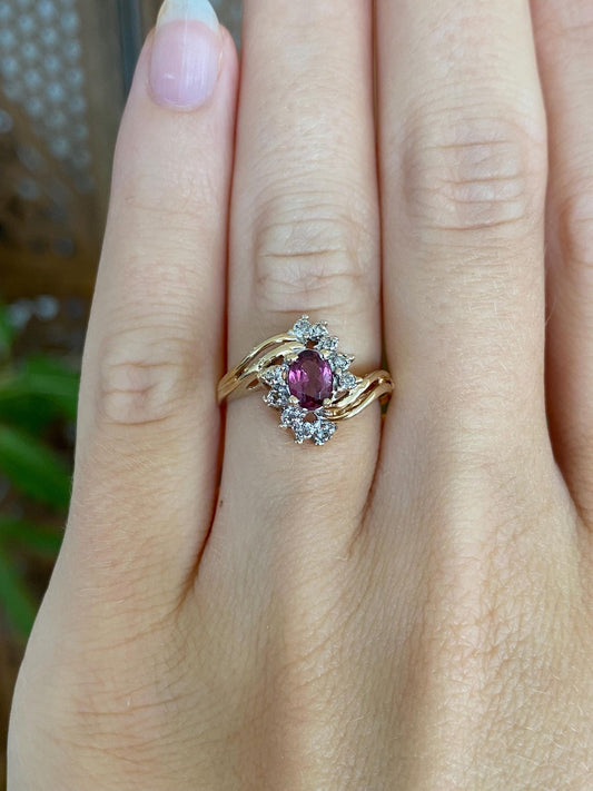 Vintage Solid 14k White & Yellow Gold Diamonds Pink Tourmaline Twist Ring - Size 6