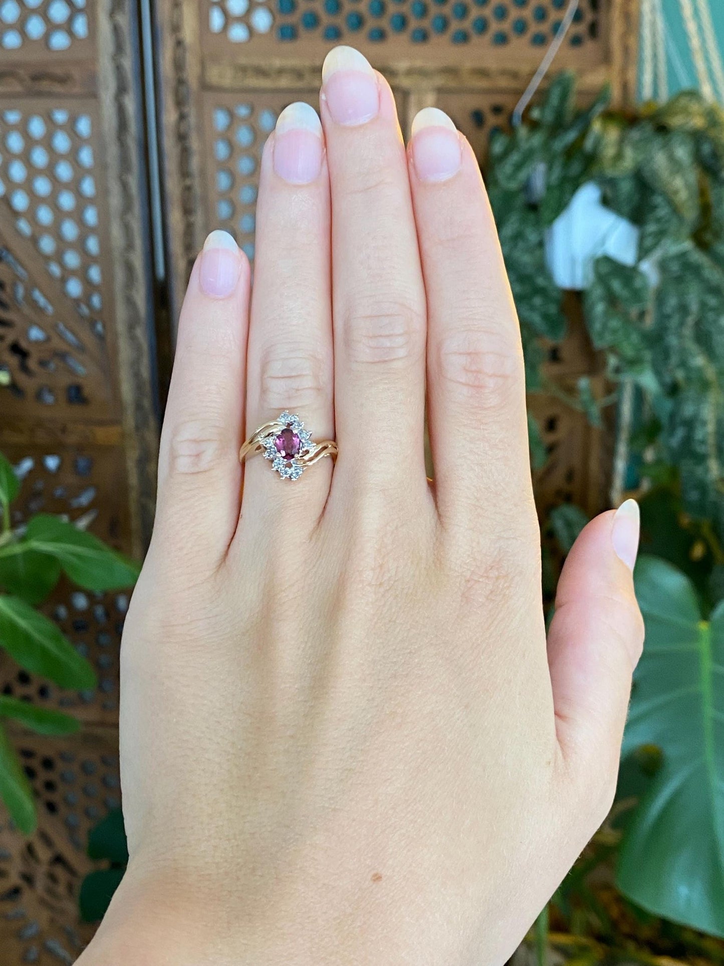 Vintage Solid 14k White & Yellow Gold Diamonds Pink Tourmaline Twist Ring - Size 6
