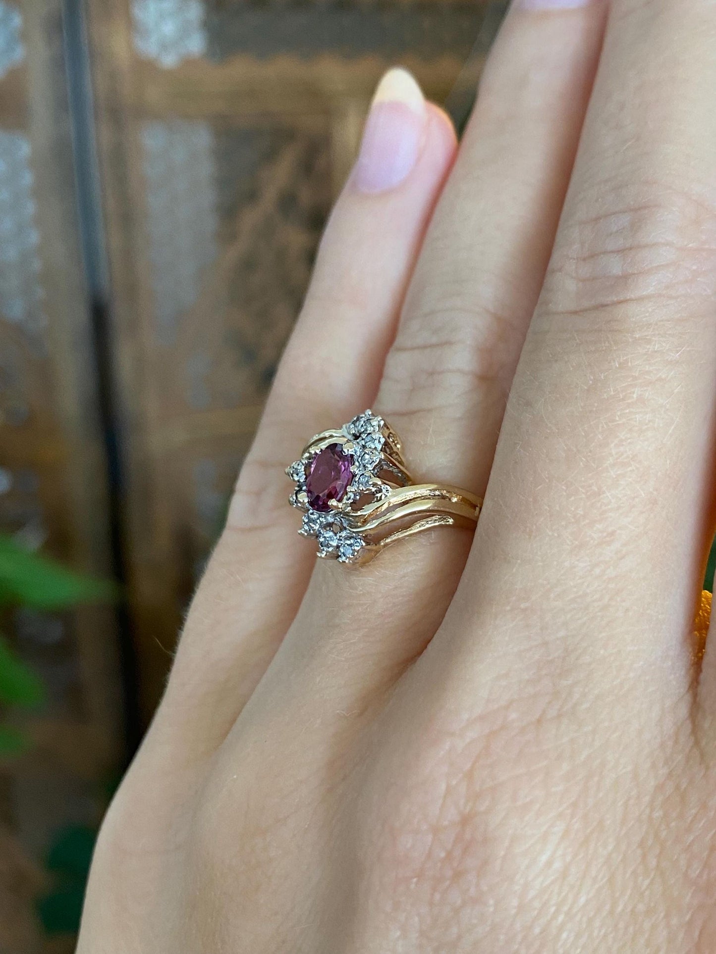 Vintage Solid 14k White & Yellow Gold Diamonds Pink Tourmaline Twist Ring - Size 6