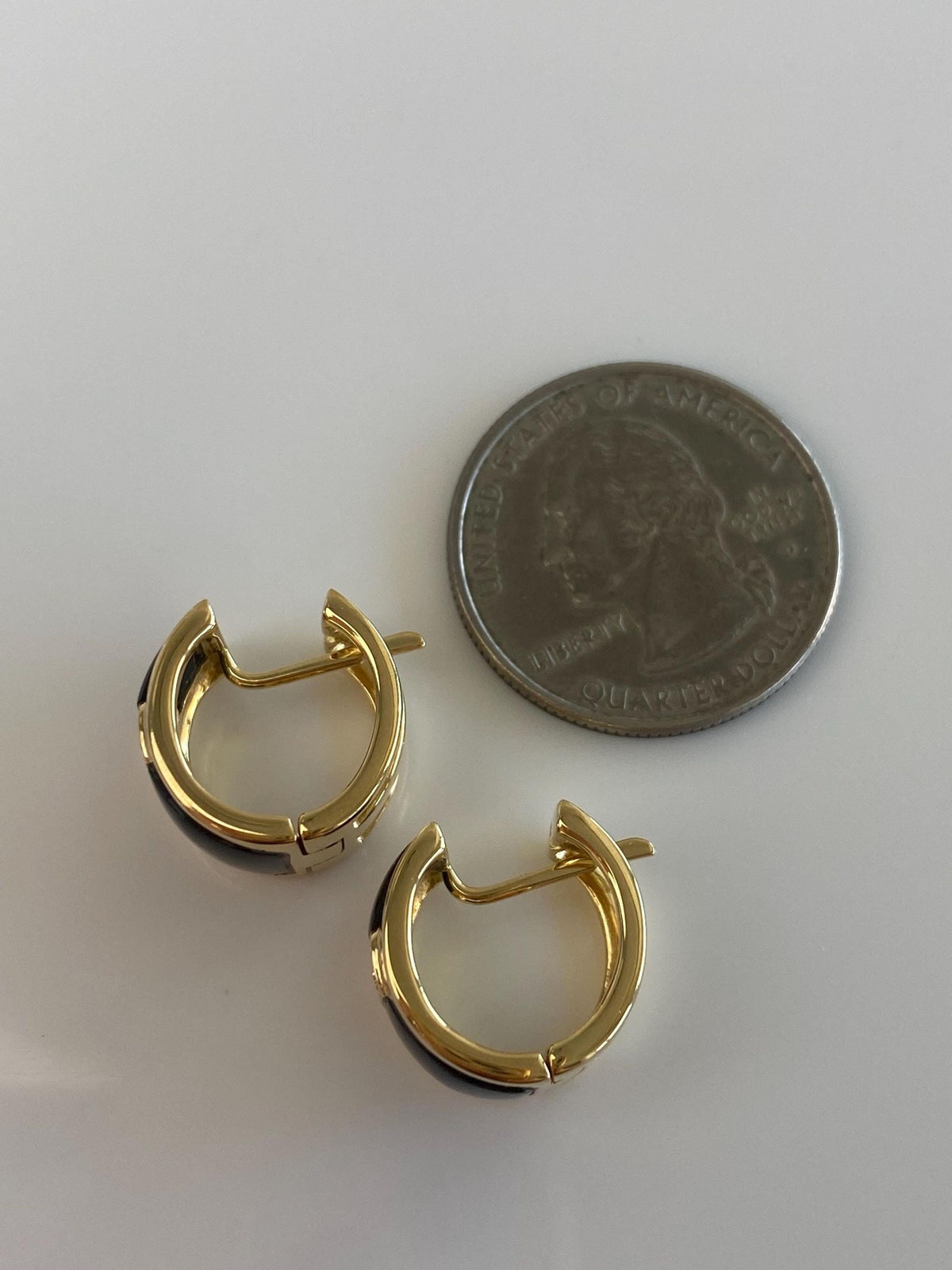 Vintage Solid 18k Yellow Gold Onyx Inlay Diamonds Hoop Earrings