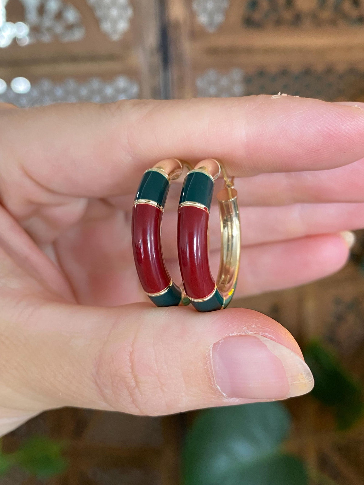Vintage 14k Yellow Gold Green Red Enamel Hoop Earrings