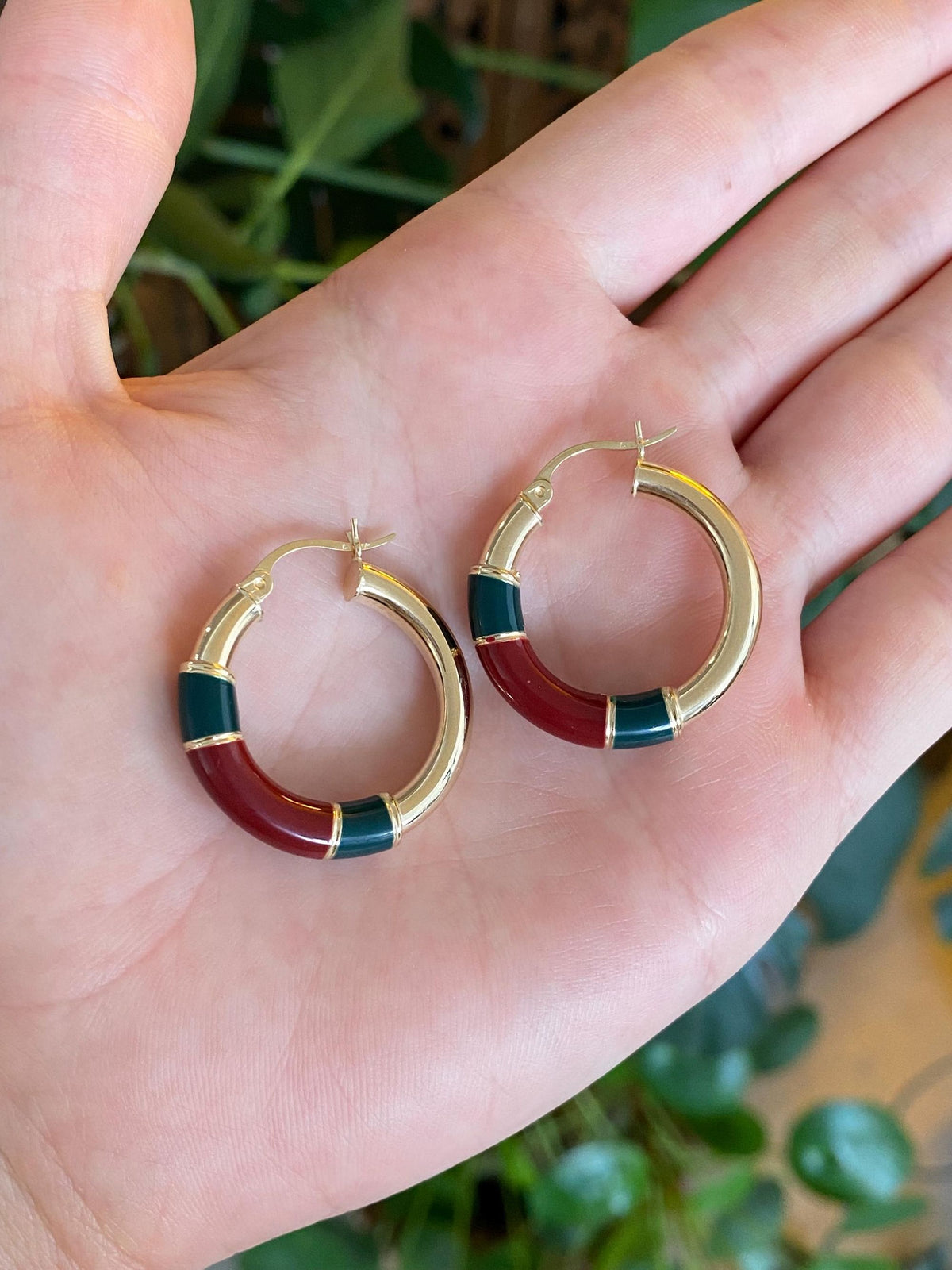 Vintage 14k Yellow Gold Green Red Enamel Hoop Earrings