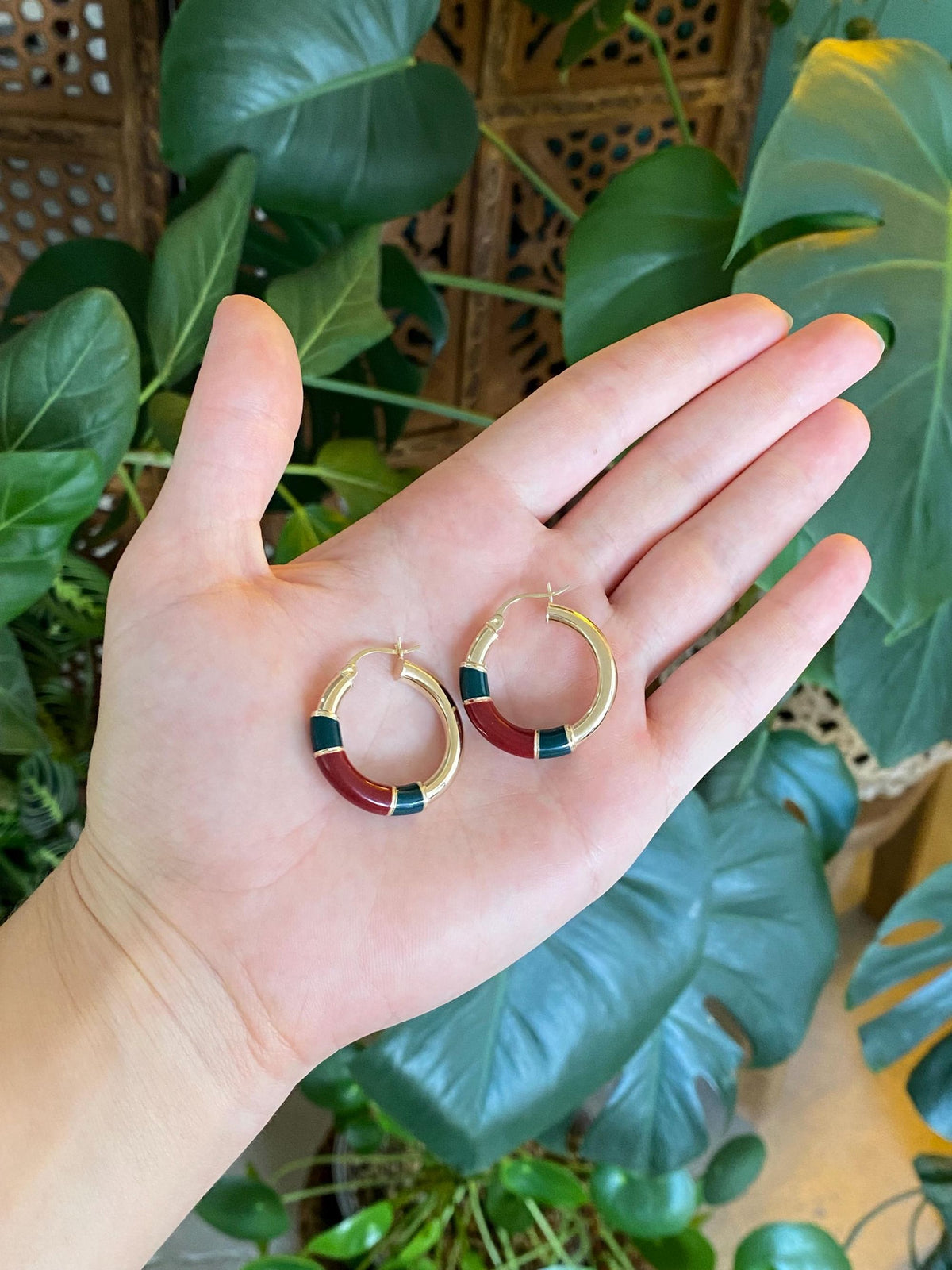 Vintage 14k Yellow Gold Green Red Enamel Hoop Earrings