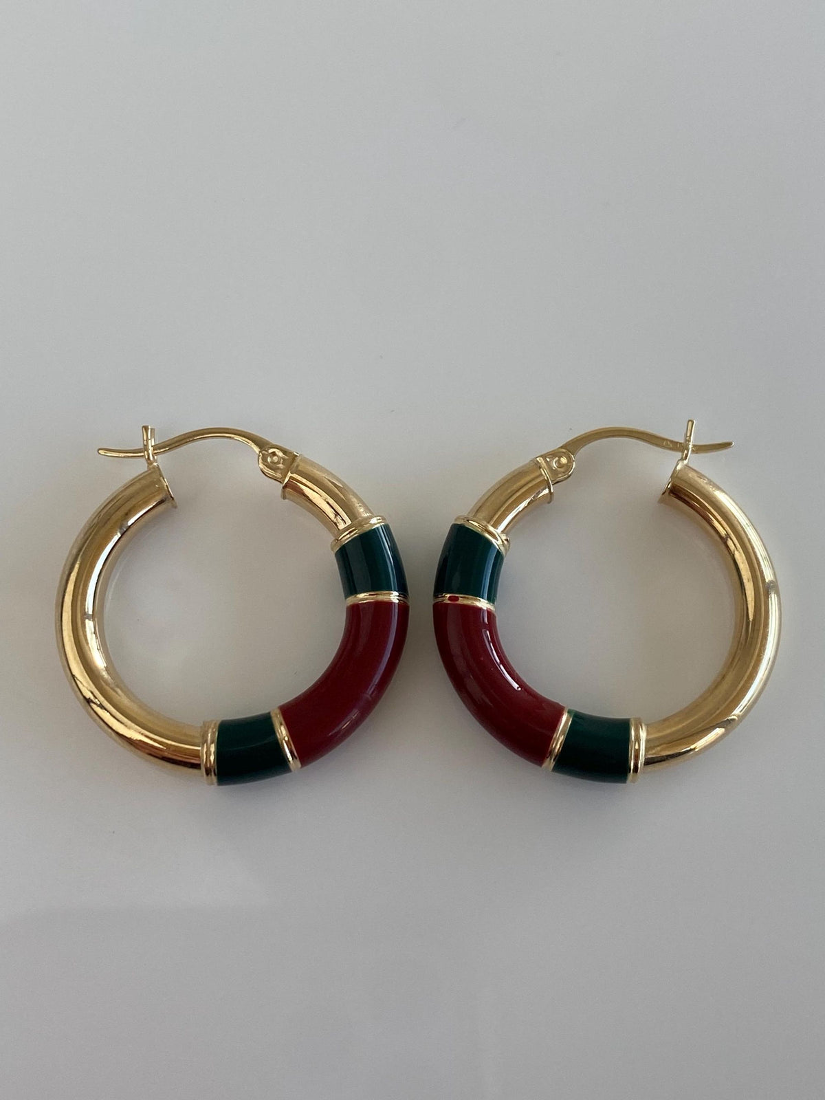 Vintage 14k Yellow Gold Green Red Enamel Hoop Earrings