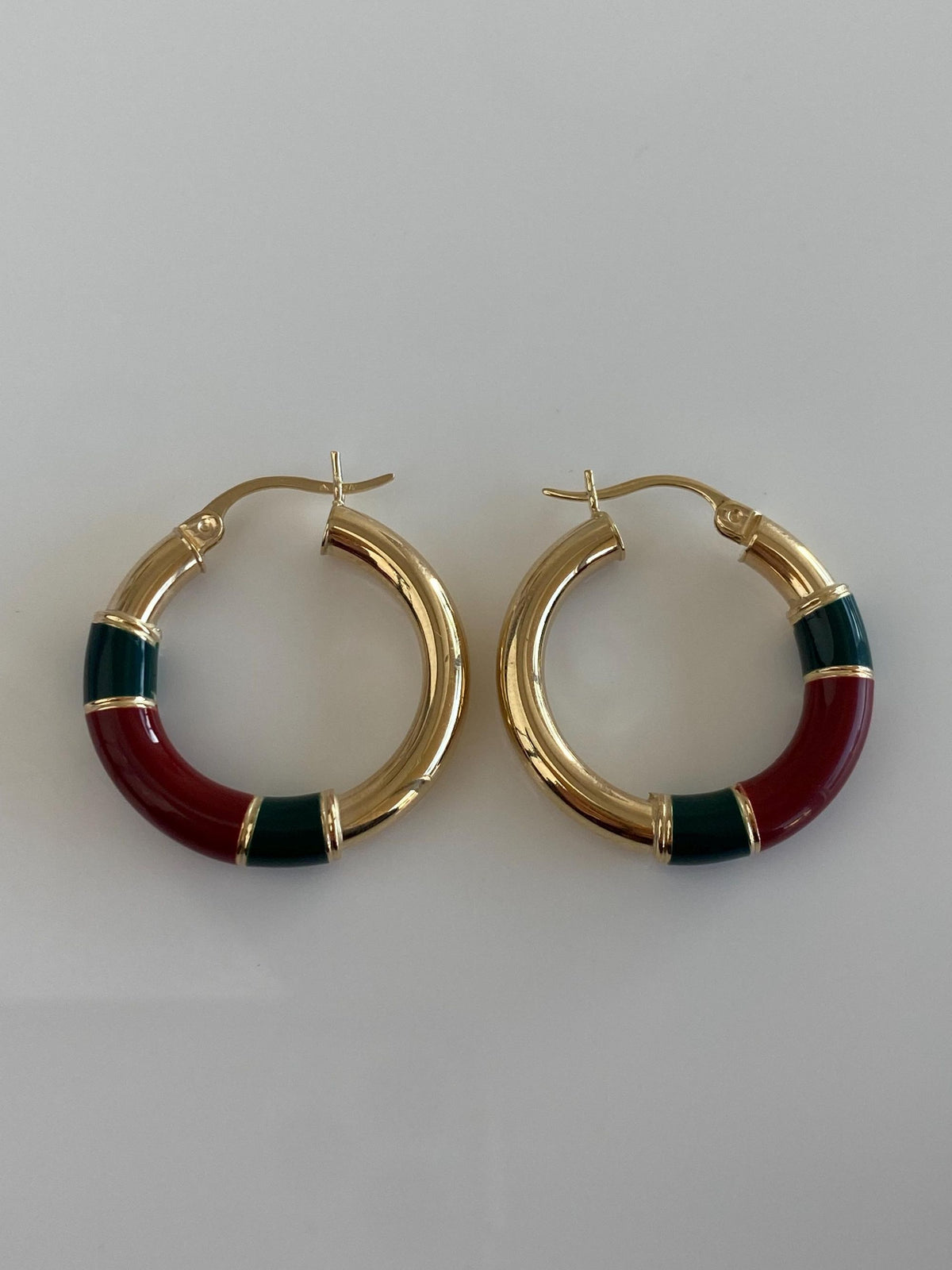 Vintage 14k Yellow Gold Green Red Enamel Hoop Earrings