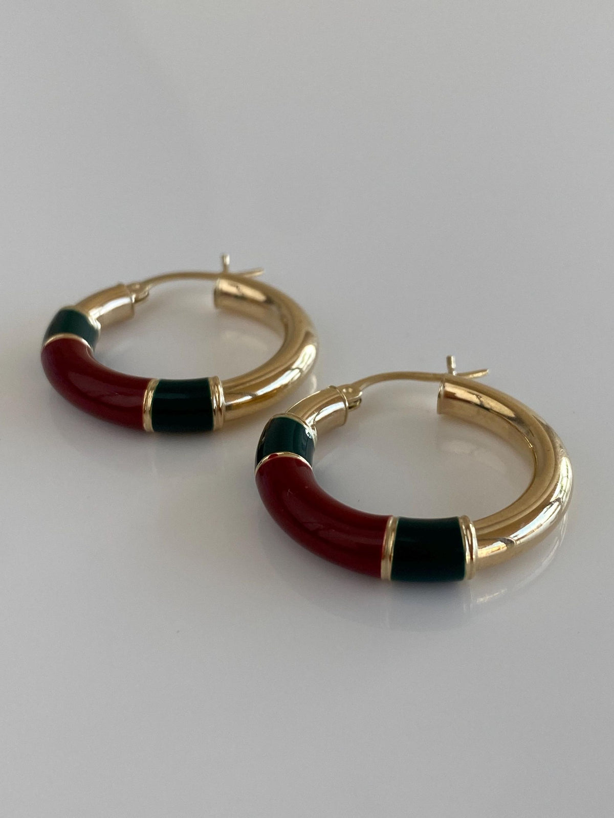 Vintage 14k Yellow Gold Green Red Enamel Hoop Earrings