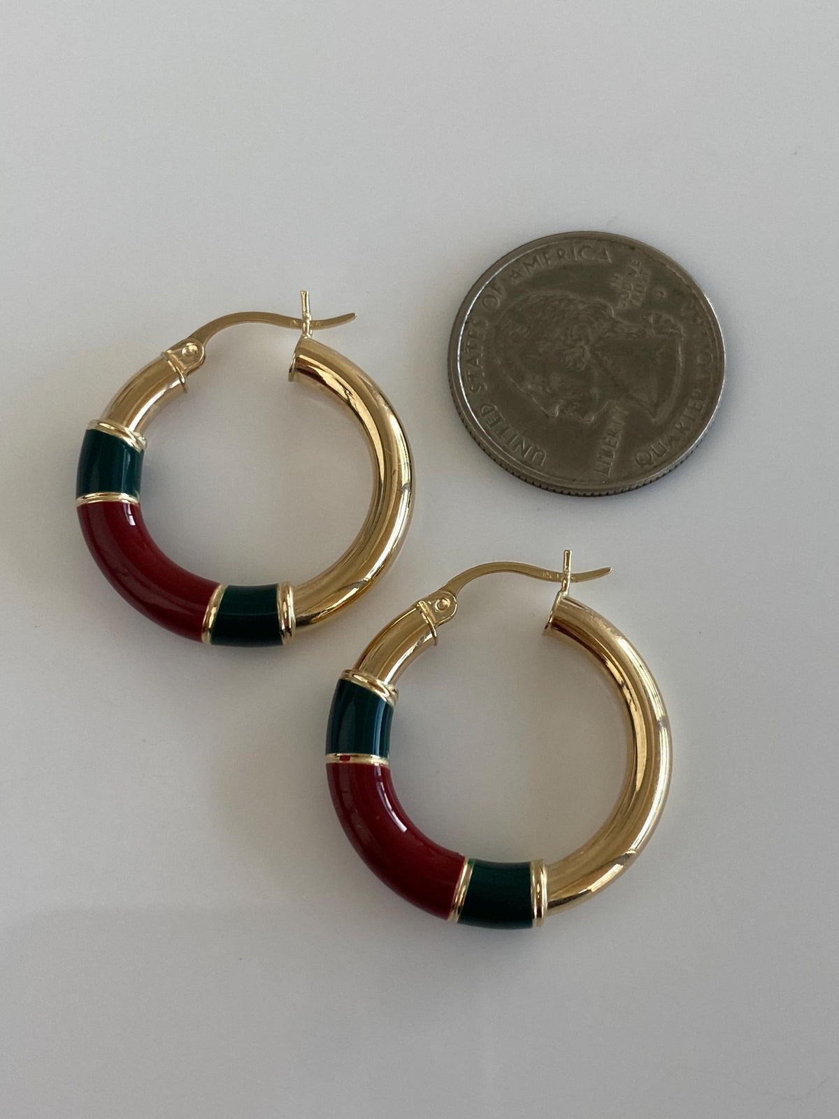 Vintage 14k Yellow Gold Green Red Enamel Hoop Earrings