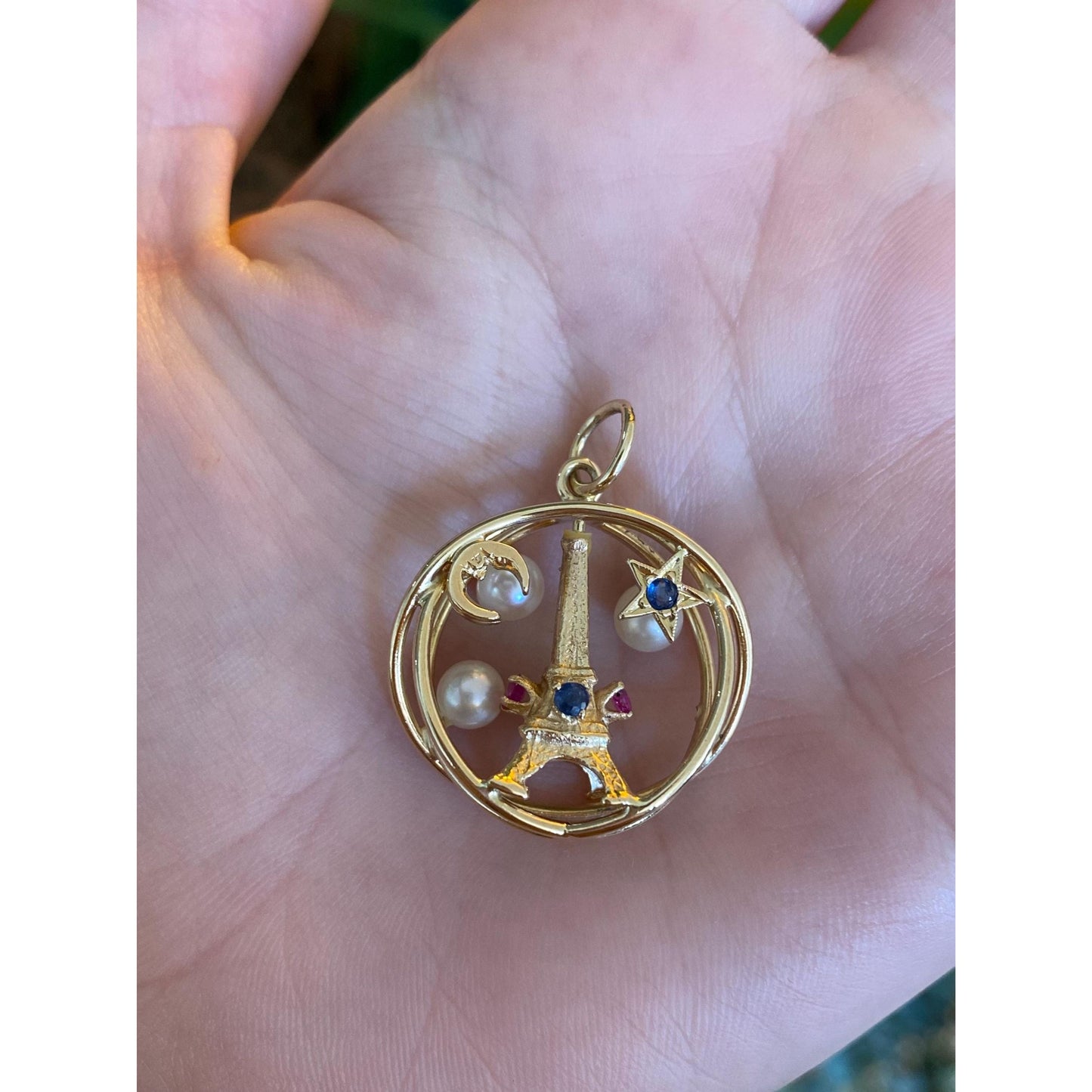 Vintage Solid 14k Yellow Gold Blue Pink Sapphire Pearl Eiffel Tower Star Moon Spherical Charm