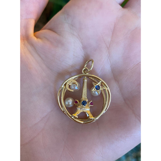 Vintage Solid 14k Yellow Gold Blue Pink Sapphire Pearl Eiffel Tower Star Moon Spherical Charm