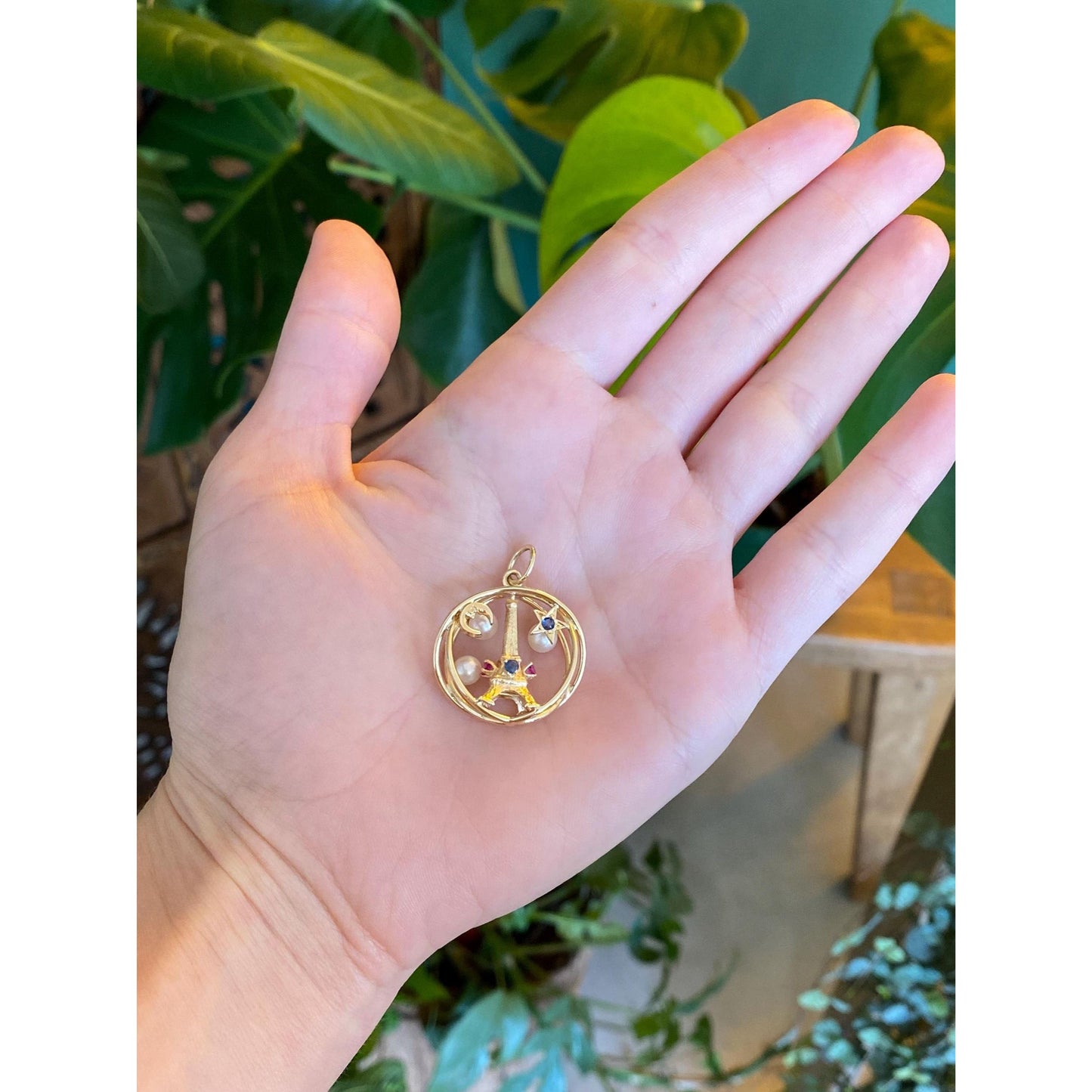 Vintage Solid 14k Yellow Gold Blue Pink Sapphire Pearl Eiffel Tower Star Moon Spherical Charm