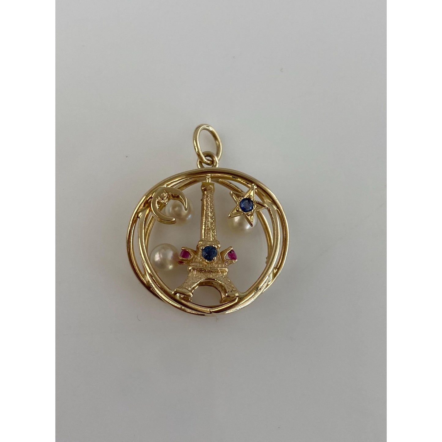 Vintage Solid 14k Yellow Gold Blue Pink Sapphire Pearl Eiffel Tower Star Moon Spherical Charm