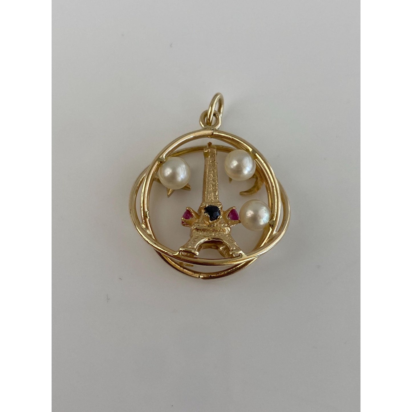Vintage Solid 14k Yellow Gold Blue Pink Sapphire Pearl Eiffel Tower Star Moon Spherical Charm