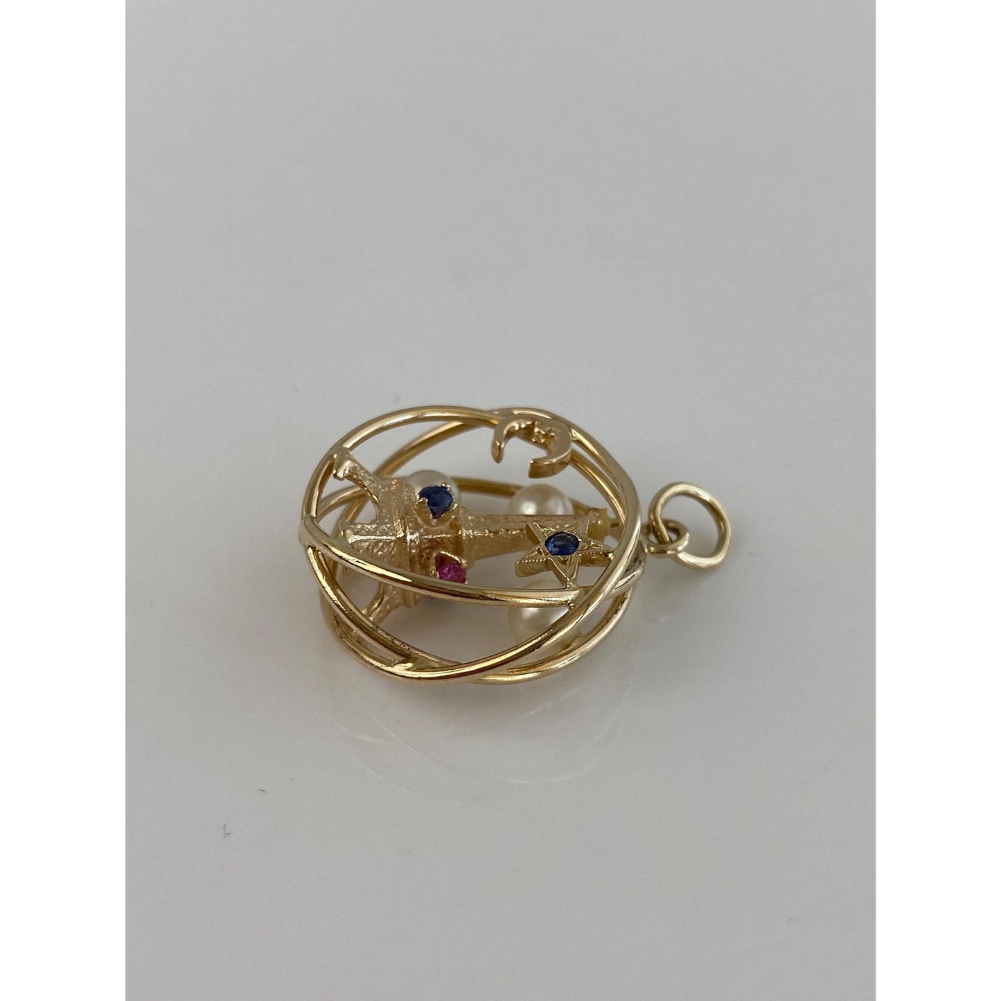 Vintage Solid 14k Yellow Gold Blue Pink Sapphire Pearl Eiffel Tower Star Moon Spherical Charm