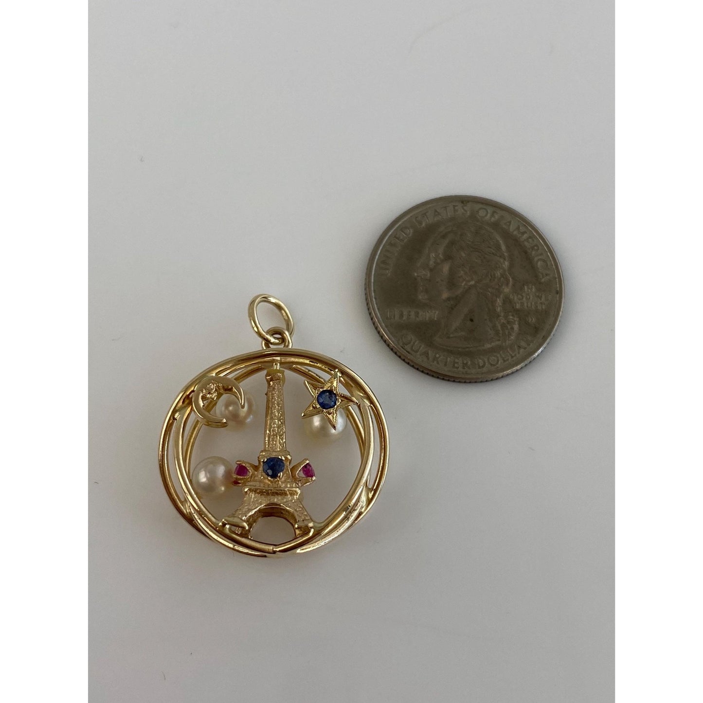 Vintage Solid 14k Yellow Gold Blue Pink Sapphire Pearl Eiffel Tower Star Moon Spherical Charm